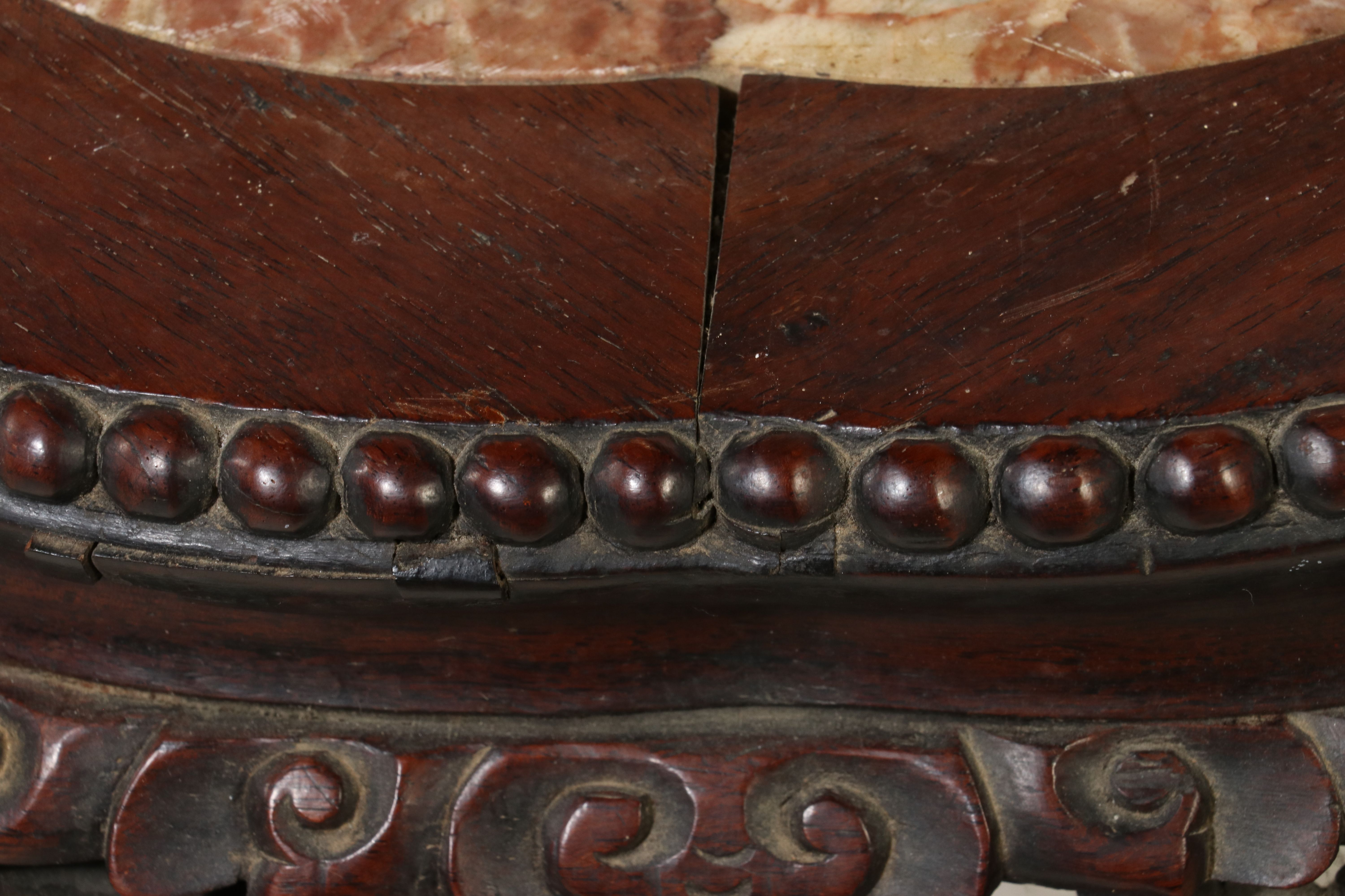 Chinese Carved Hardwood and Marble Top Pedestal Stand, Late 19th/Early 20th C.