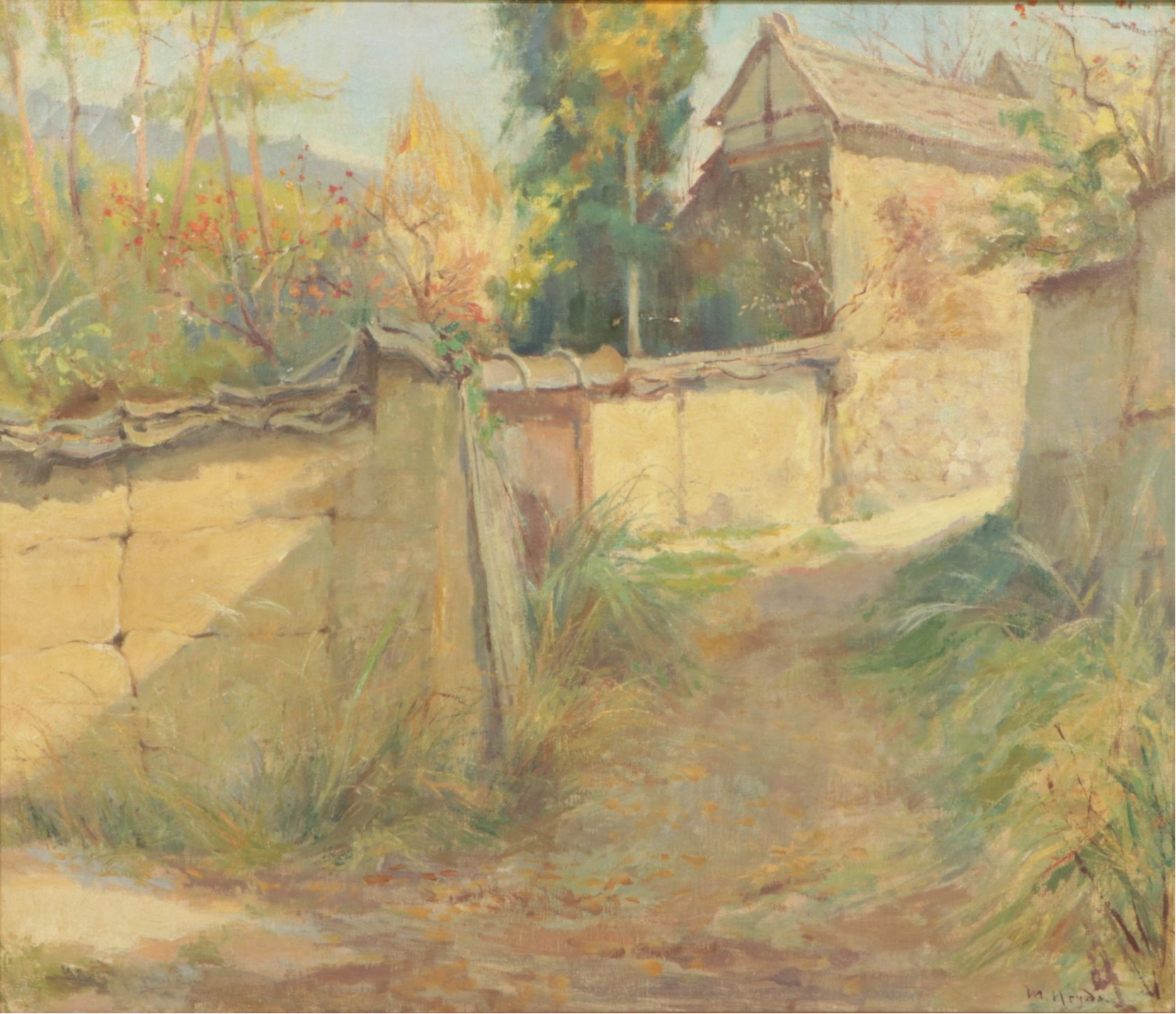 M. Honda European Landscape Oil Painting of Shaded Path, Mid-Late 19th Century