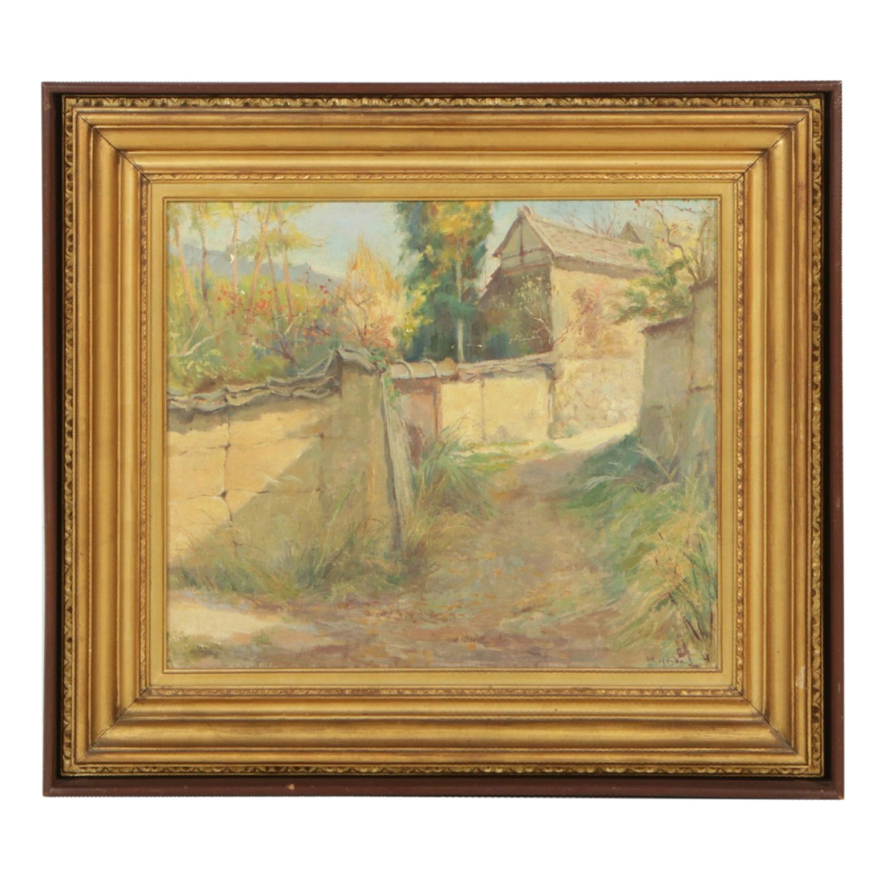 M. Honda European Landscape Oil Painting of Shaded Path, Mid-Late 19th Century