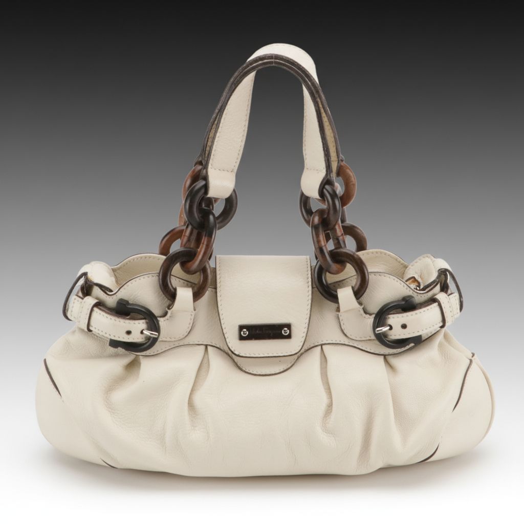 Salvatore Ferragamo Mini Marisa Handbag in Ivory Calfskin With Wood Detailing