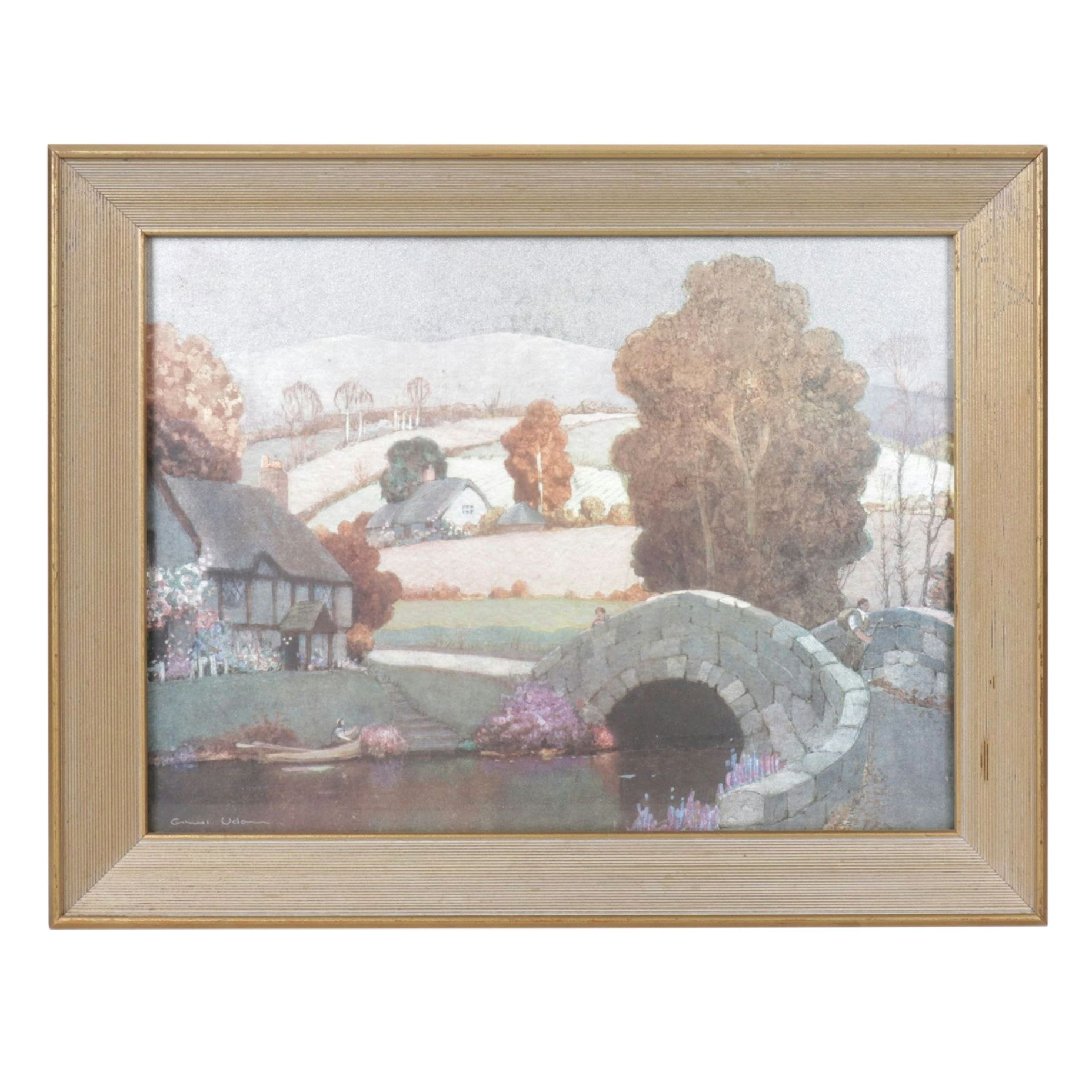 Ernest Uden Foil Tinsel Landscape of Pond-side Cottage, Mid to Late 20th Century