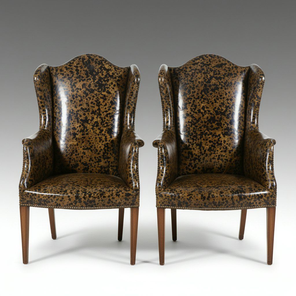 Pair of W.A. Bratburd Inc Tortoiseshell Pattern Vinyl Upholstered Wingbacks