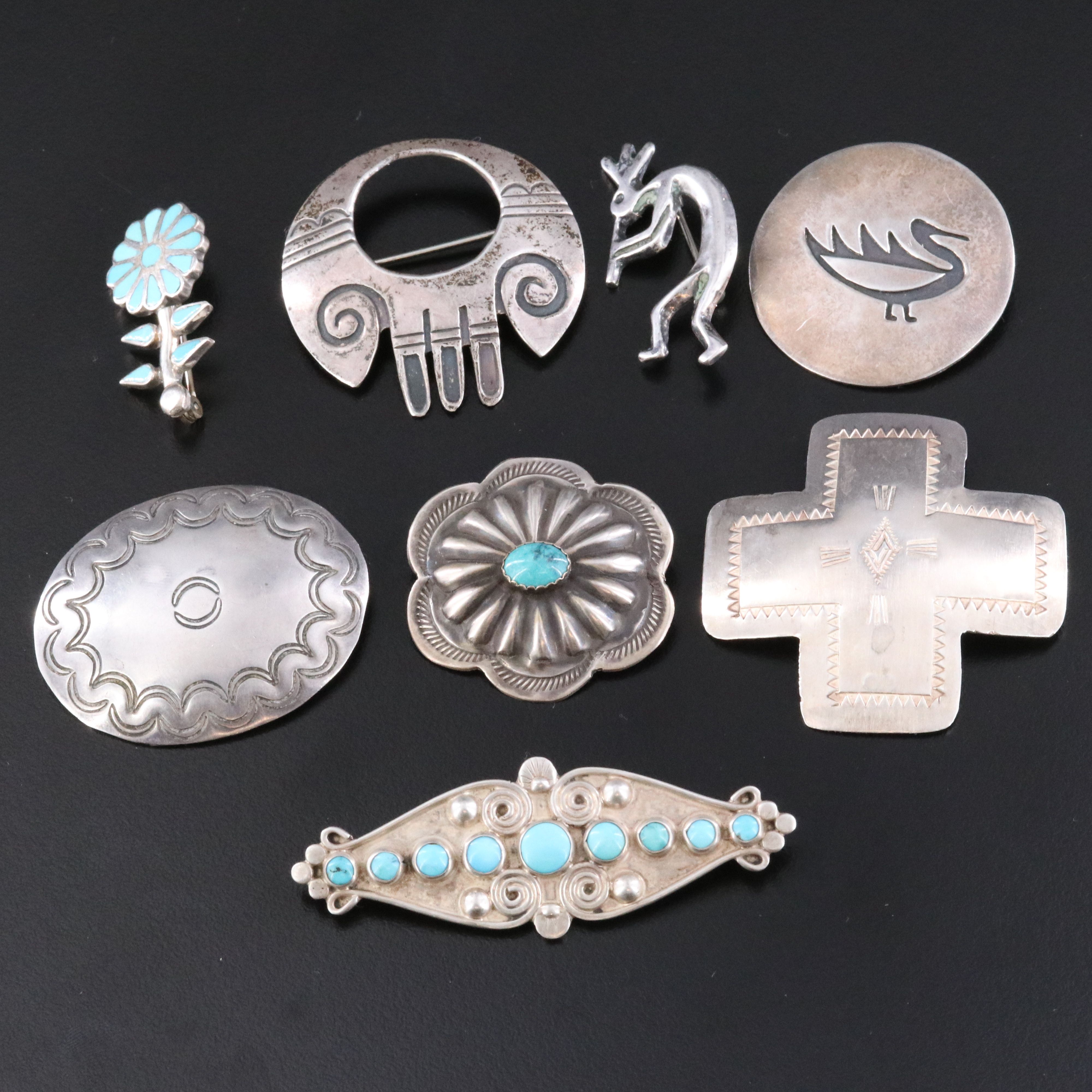 Southwestern Brooch Collection Featuring Sterling, Turquoise and Artist Signed