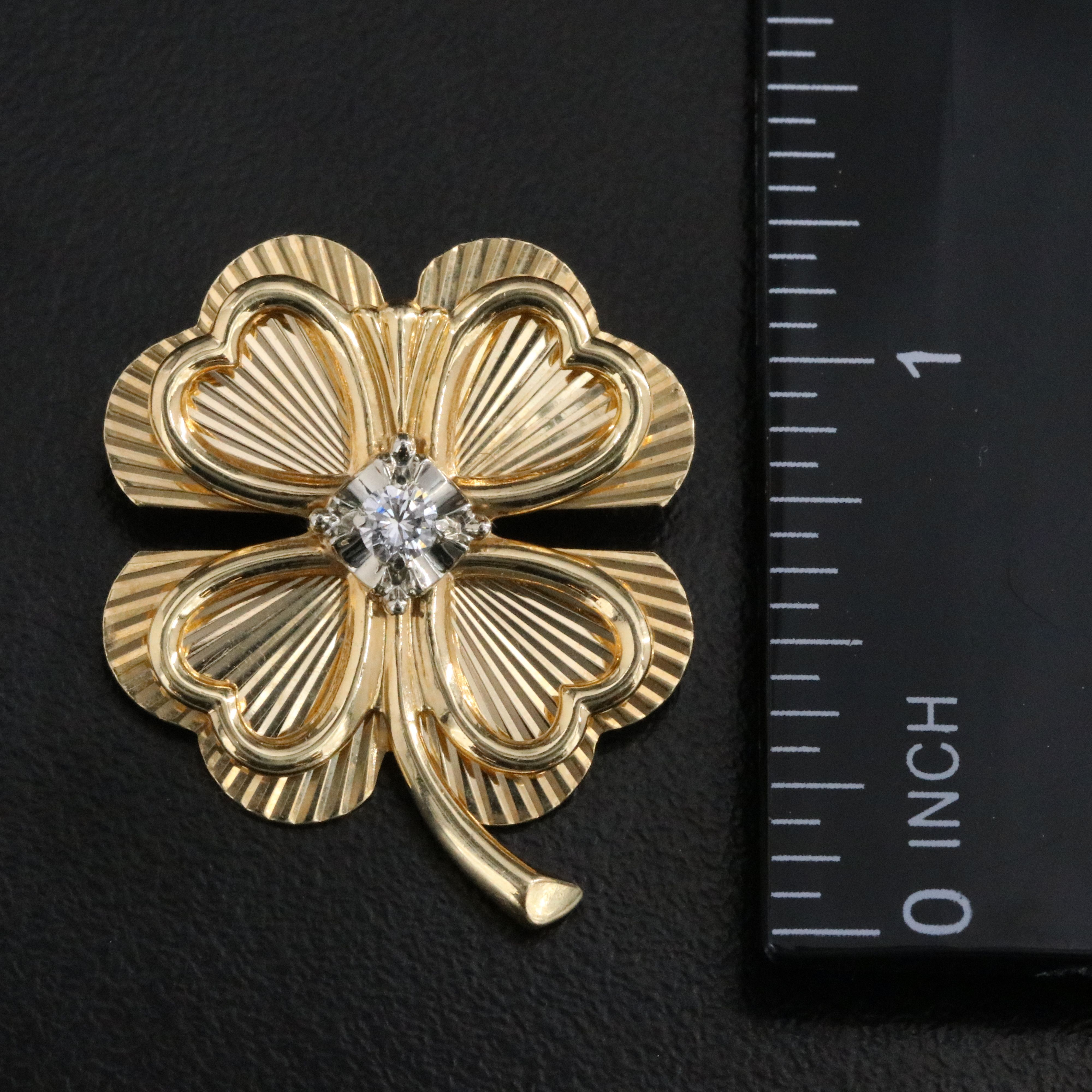 Vintage 14K 0.12 CT Diamond Clover Brooch