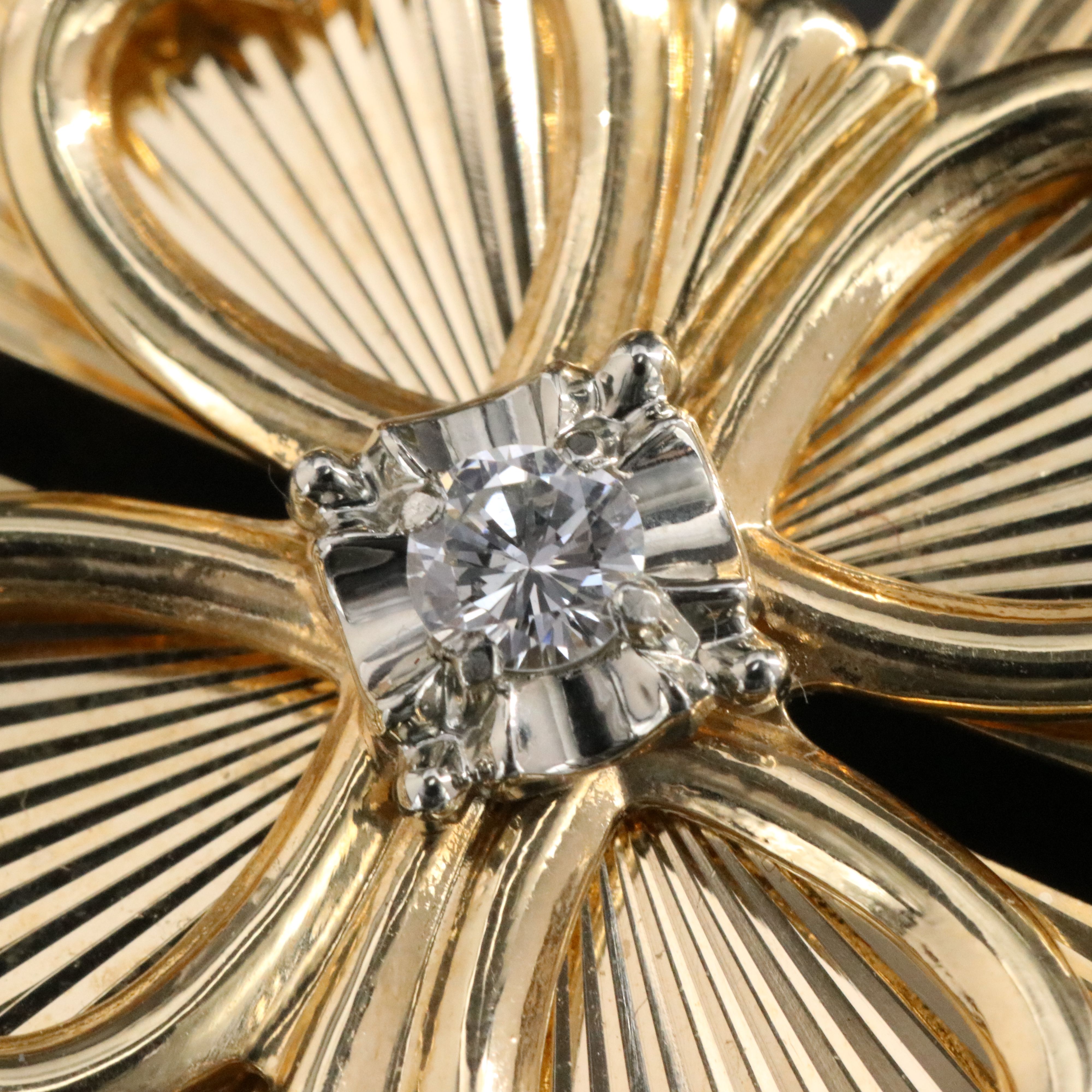 Vintage 14K 0.12 CT Diamond Clover Brooch