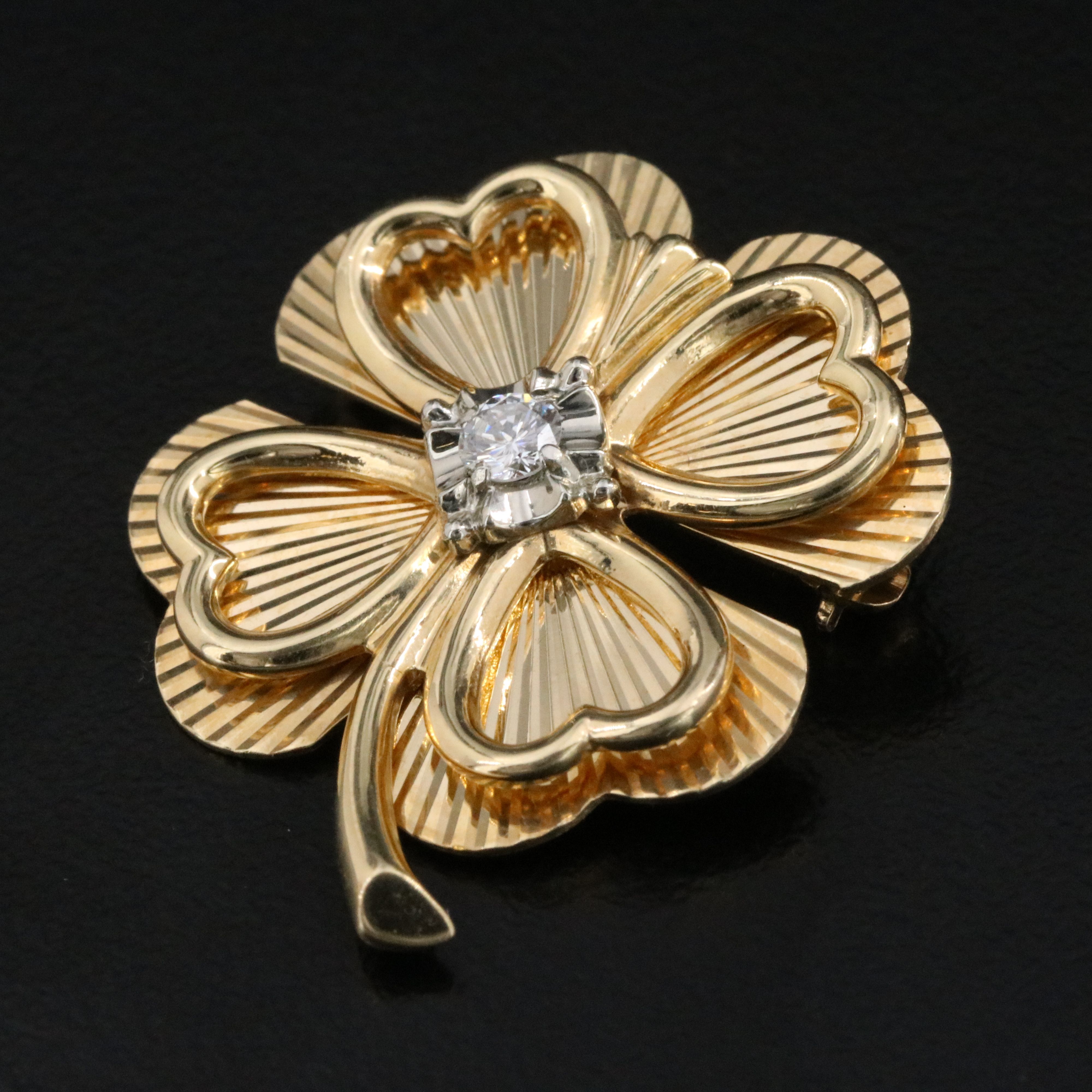 Vintage 14K 0.12 CT Diamond Clover Brooch
