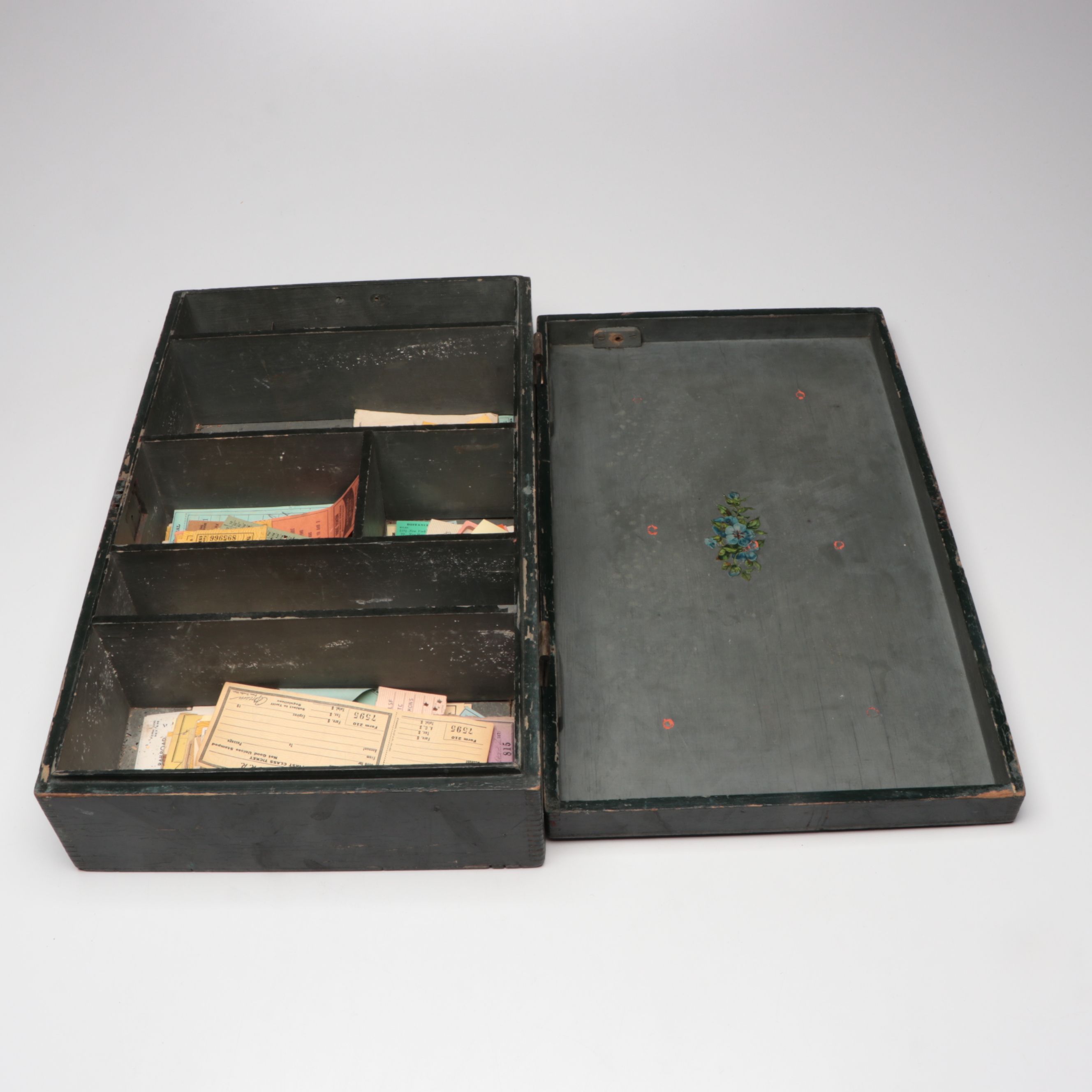 Painted Wood Compartment Box with Railroad Ticket Stubs, 1870s-1970s
