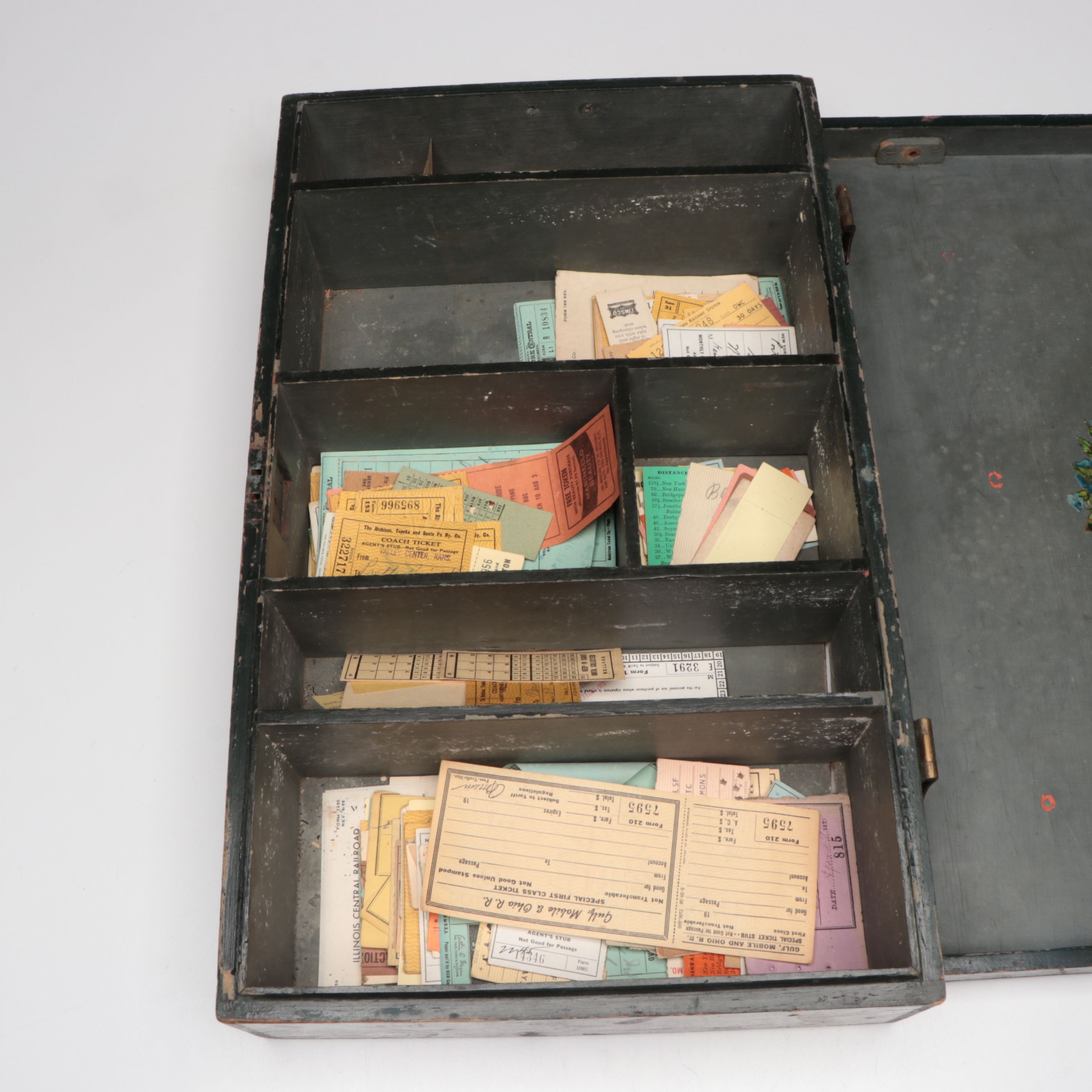 Painted Wood Compartment Box with Railroad Ticket Stubs, 1870s-1970s