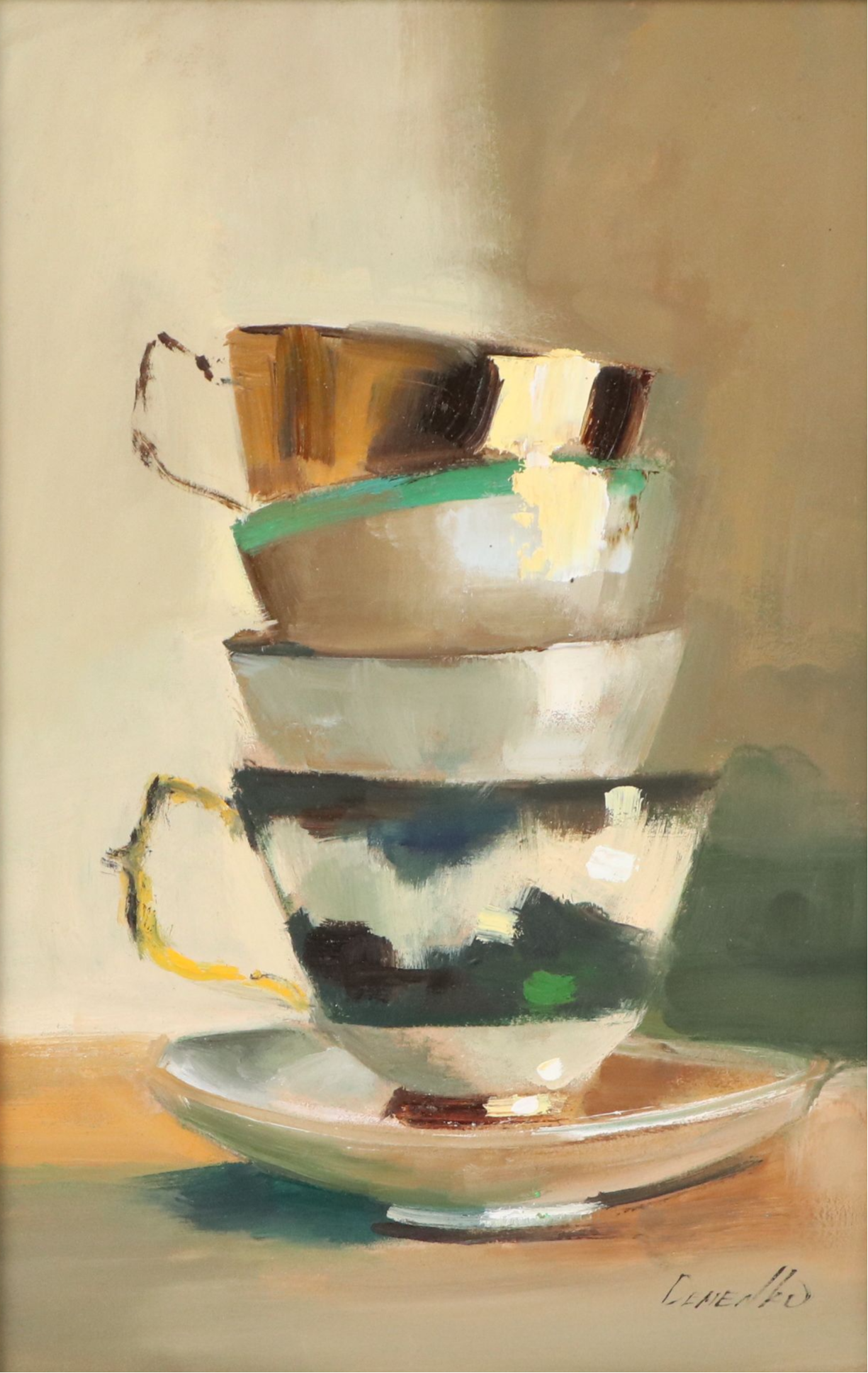 Natalia Demenko Still Life Oil Painting of Stacked Teacups