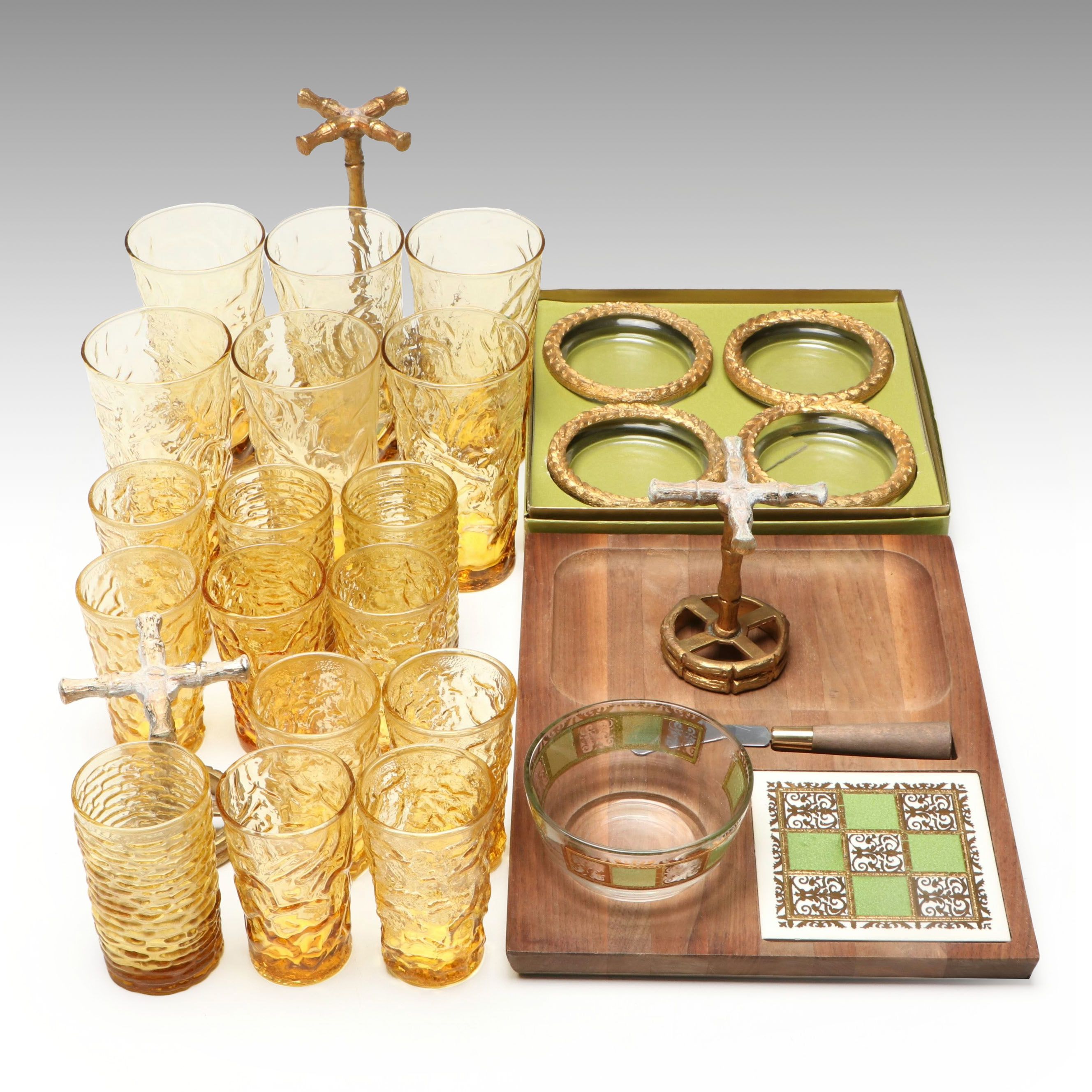 Anchor Hocking "Milano Honey Gold" Glassed with Other Table Accessories