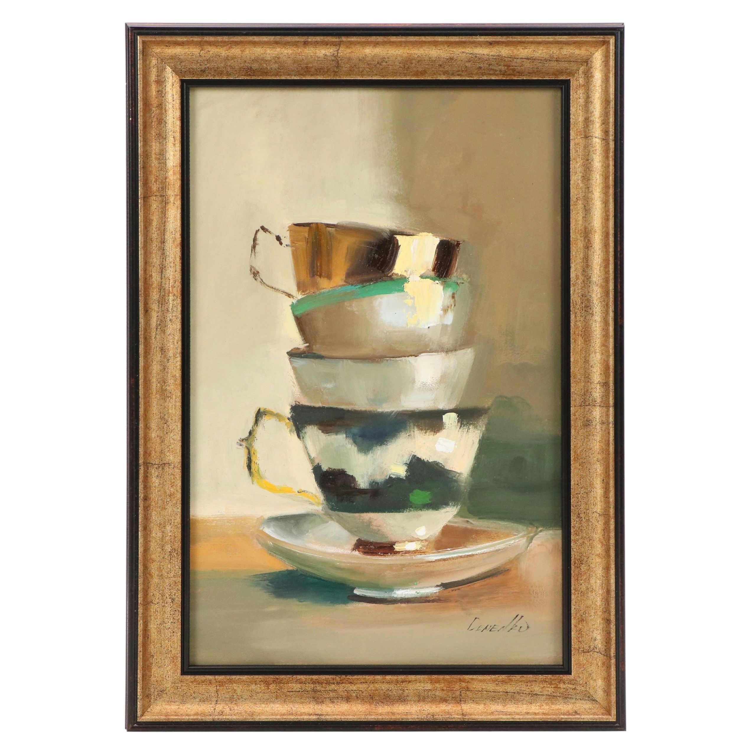 Natalia Demenko Still Life Oil Painting of Stacked Teacups