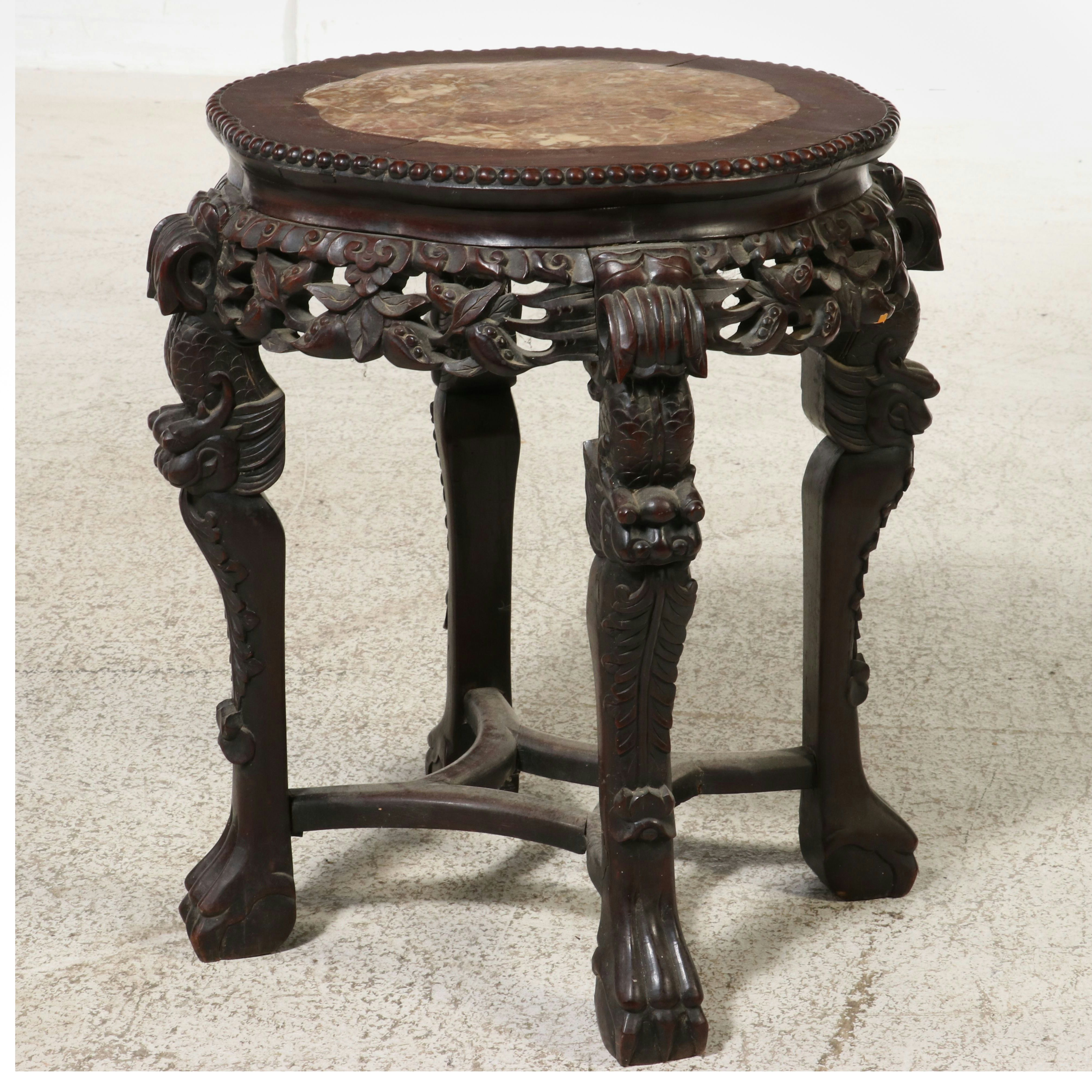 Chinese Carved Hardwood and Marble Top Pedestal Stand, Late 19th/Early 20th C.