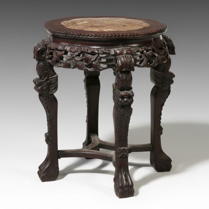 Chinese Carved Hardwood and Marble Top Pedestal Stand, Late 19th/Early 20th C.