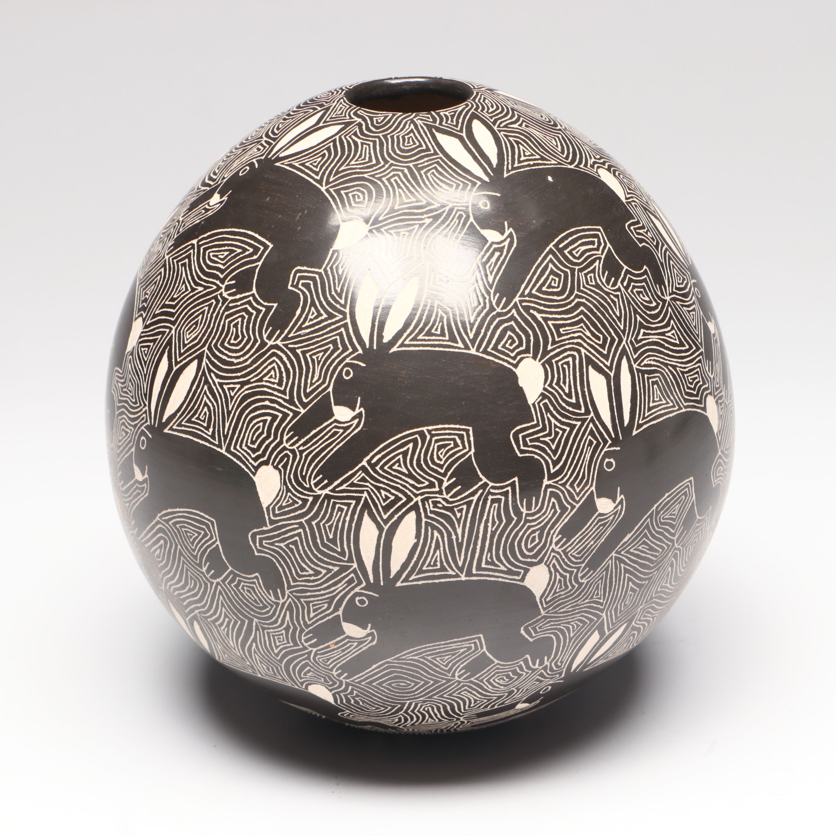 Santiago Ortega Mata Ortiz Sgraffito Art Pottery Vase with Rabbits