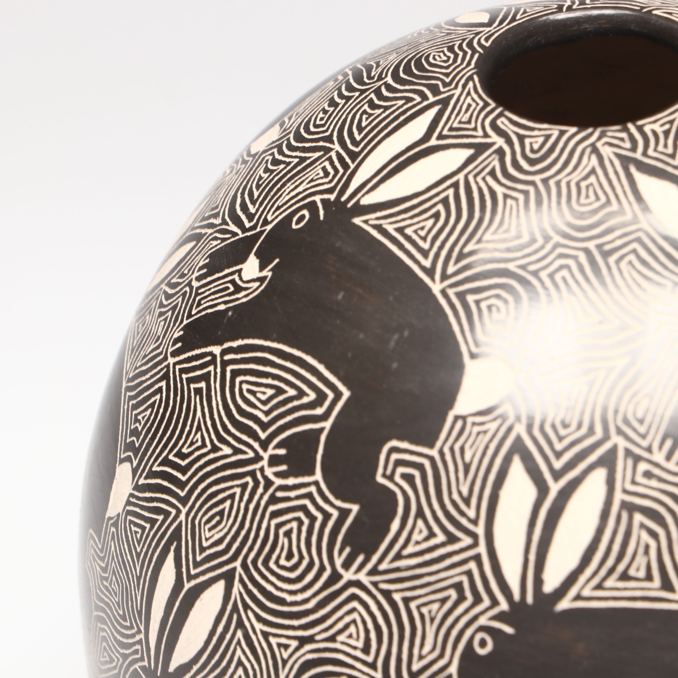 Santiago Ortega Mata Ortiz Sgraffito Art Pottery Vase with Rabbits