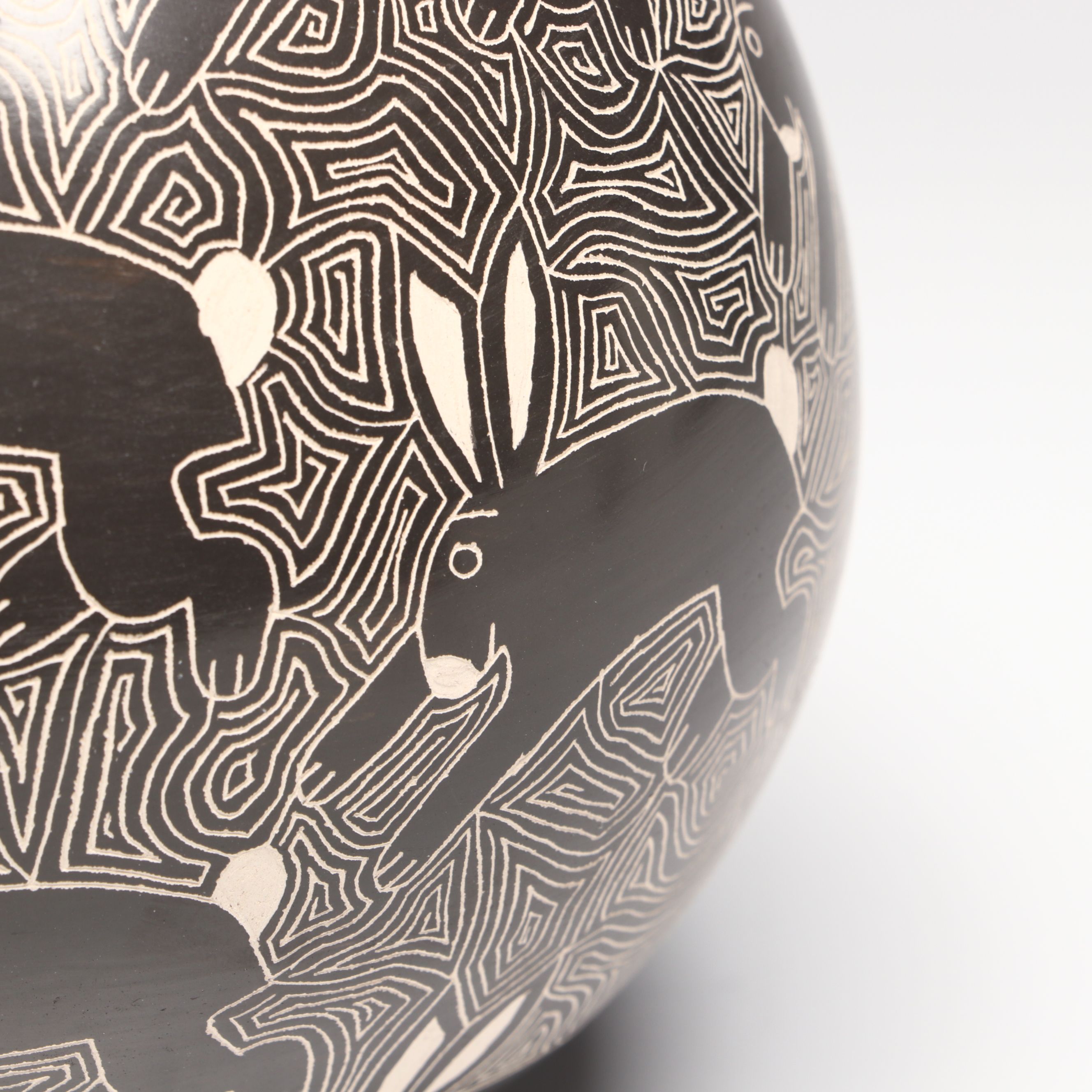 Santiago Ortega Mata Ortiz Sgraffito Art Pottery Vase with Rabbits