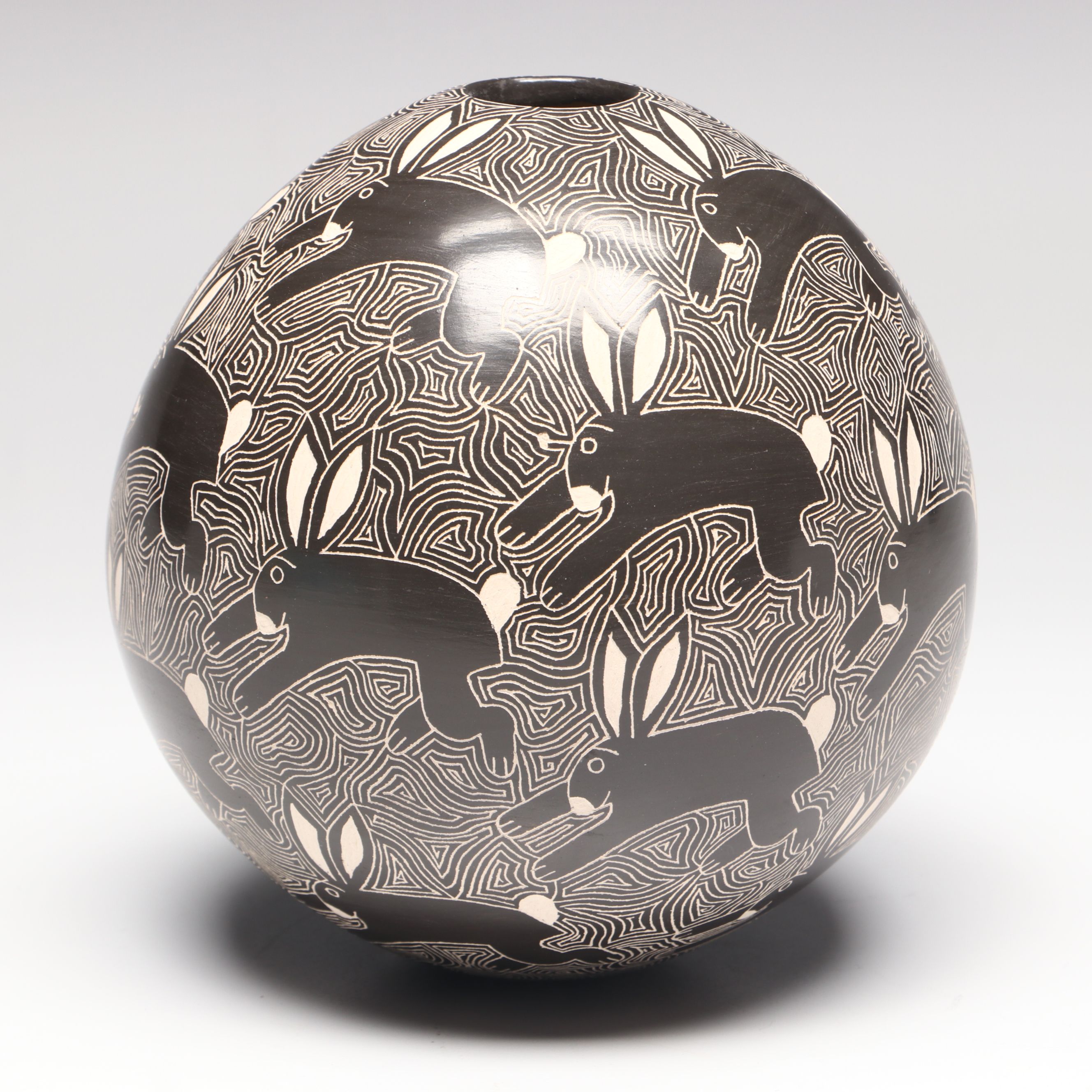 Santiago Ortega Mata Ortiz Sgraffito Art Pottery Vase with Rabbits