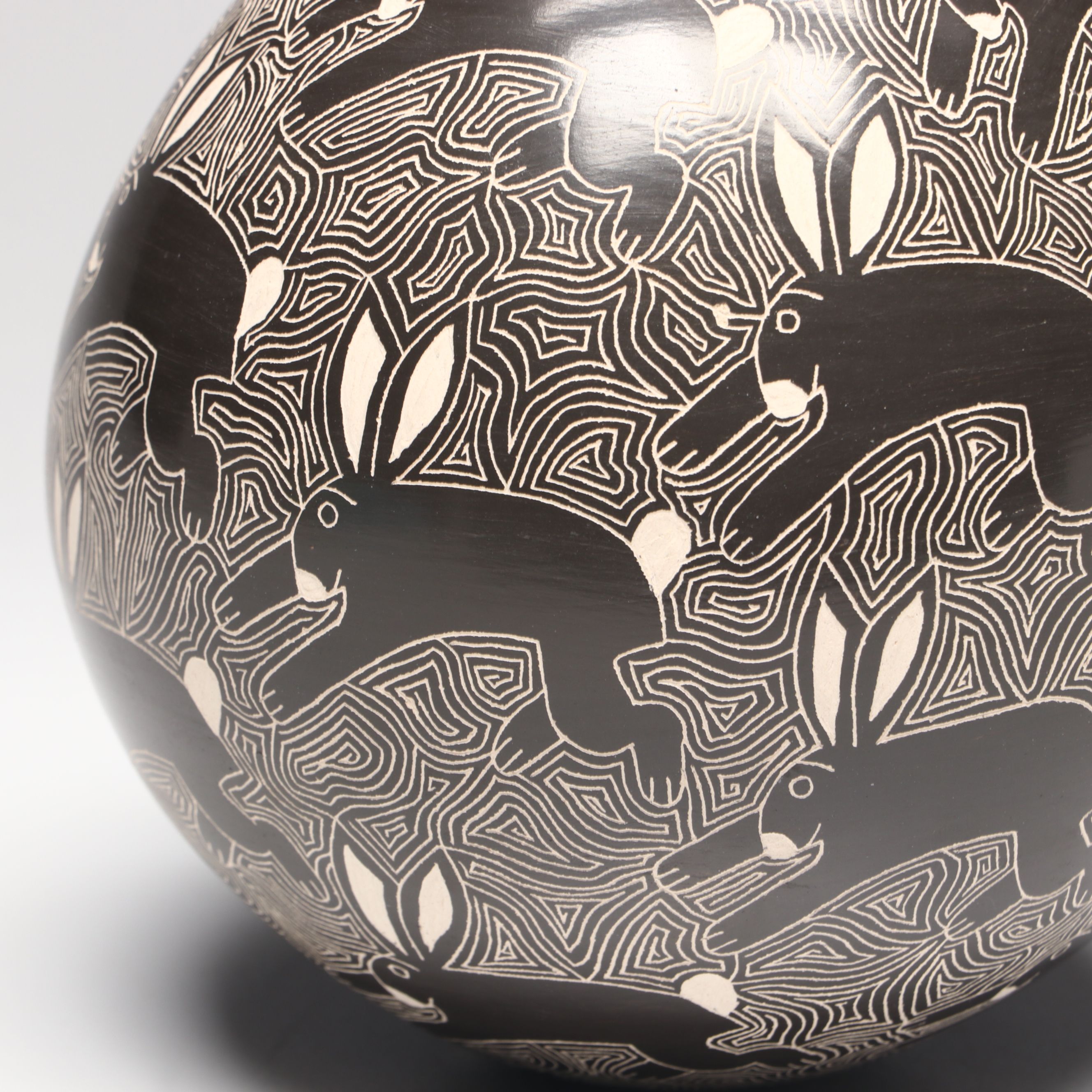 Santiago Ortega Mata Ortiz Sgraffito Art Pottery Vase with Rabbits