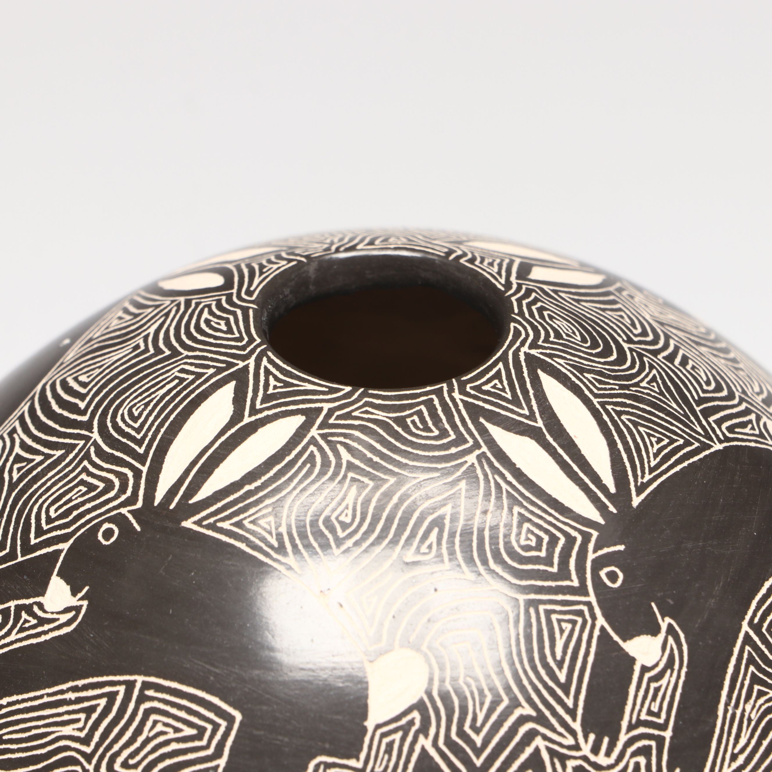 Santiago Ortega Mata Ortiz Sgraffito Art Pottery Vase with Rabbits