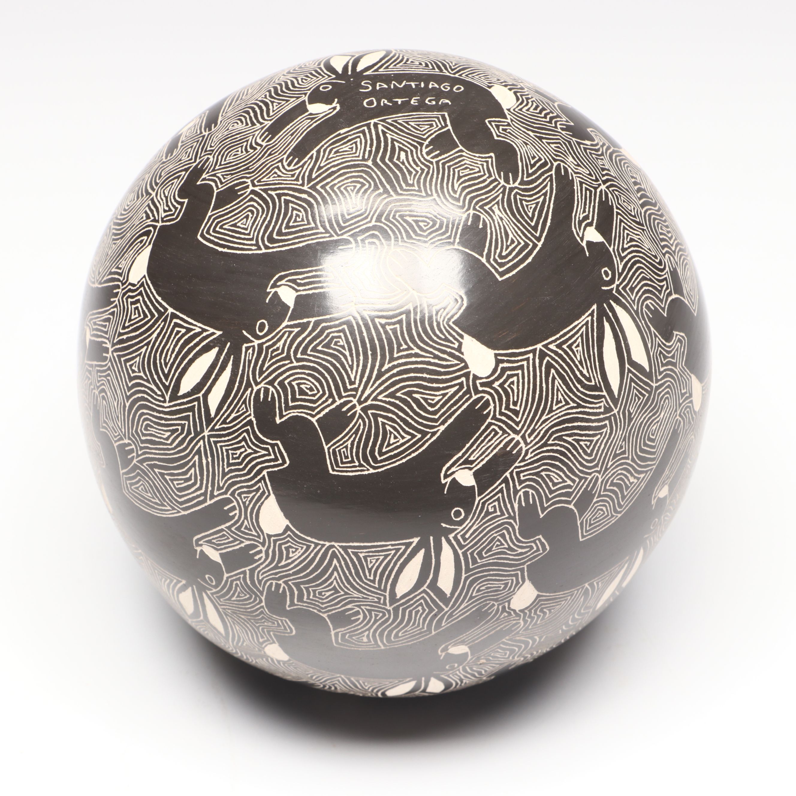 Santiago Ortega Mata Ortiz Sgraffito Art Pottery Vase with Rabbits