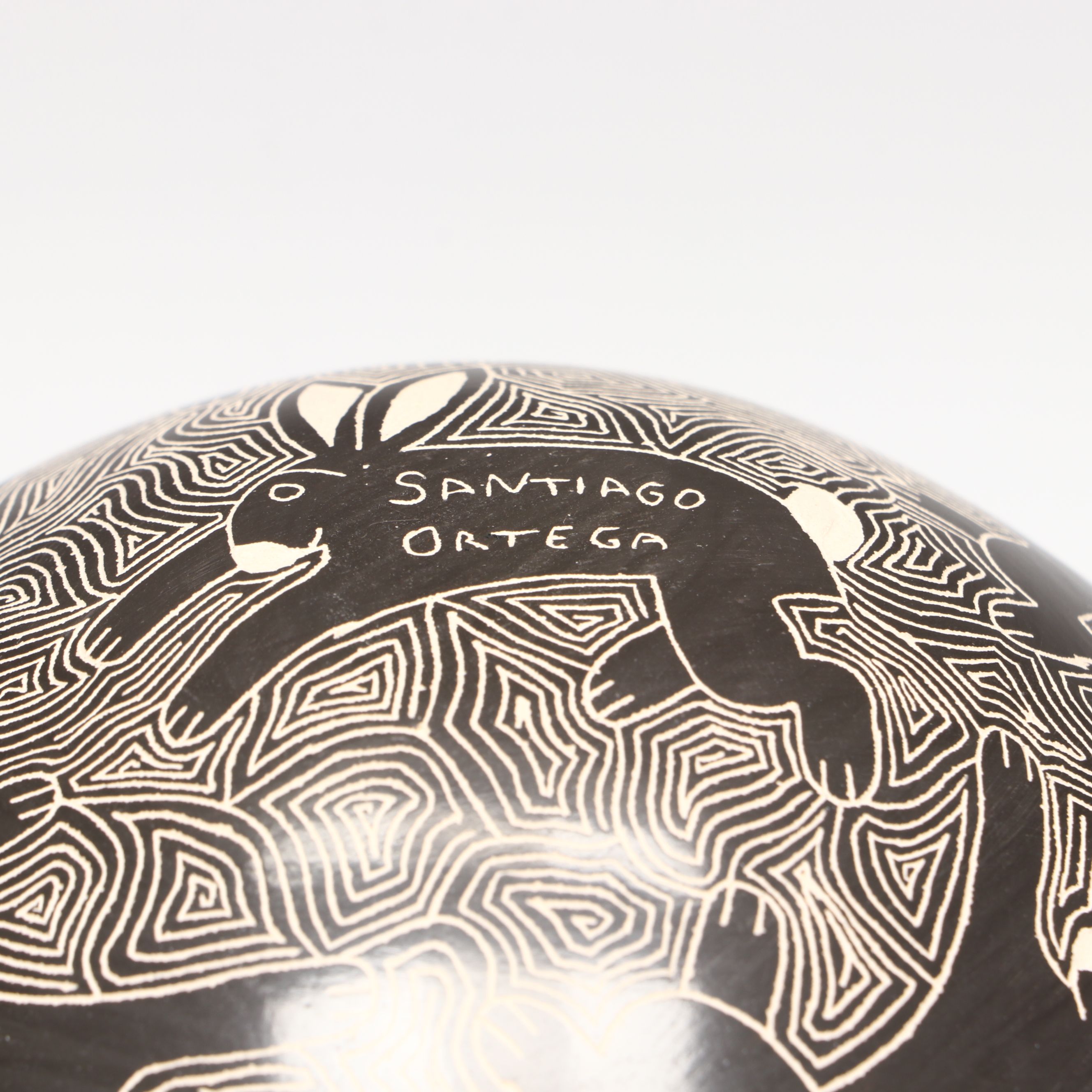 Santiago Ortega Mata Ortiz Sgraffito Art Pottery Vase with Rabbits