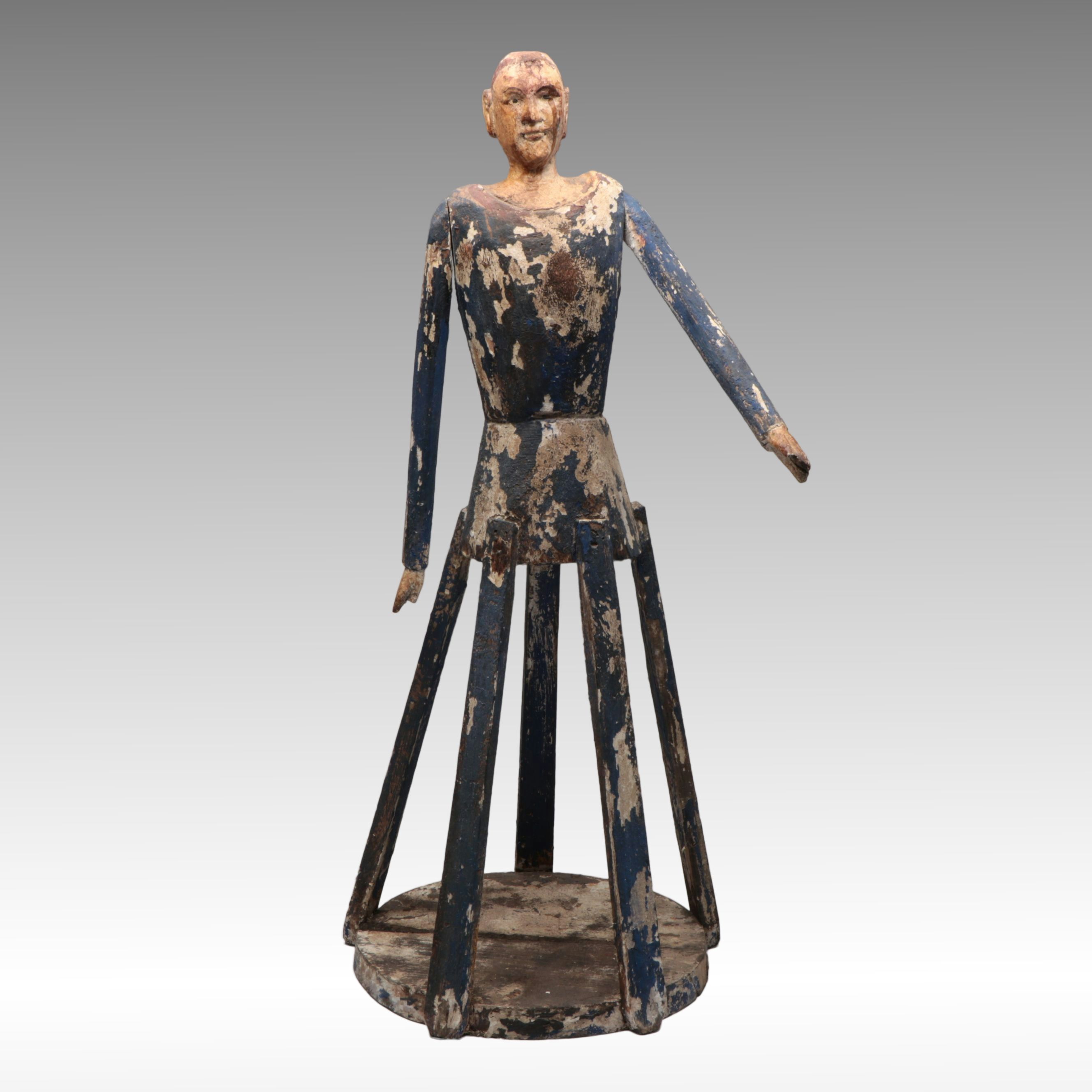 Carved Wood Santos Folk Art Cage Doll with Jointed Arms