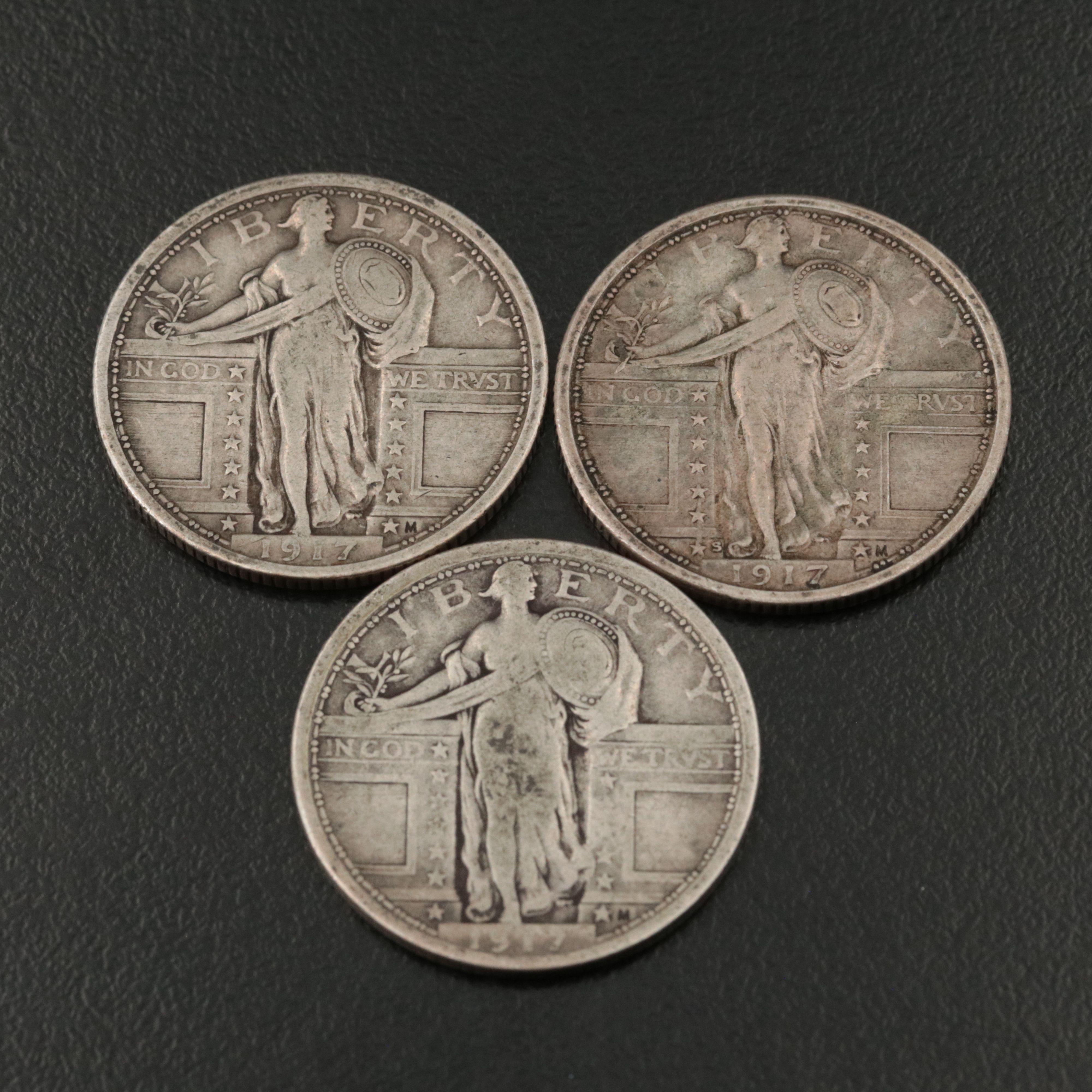 Seven 1917 Type 1 Standing Liberty Quarters