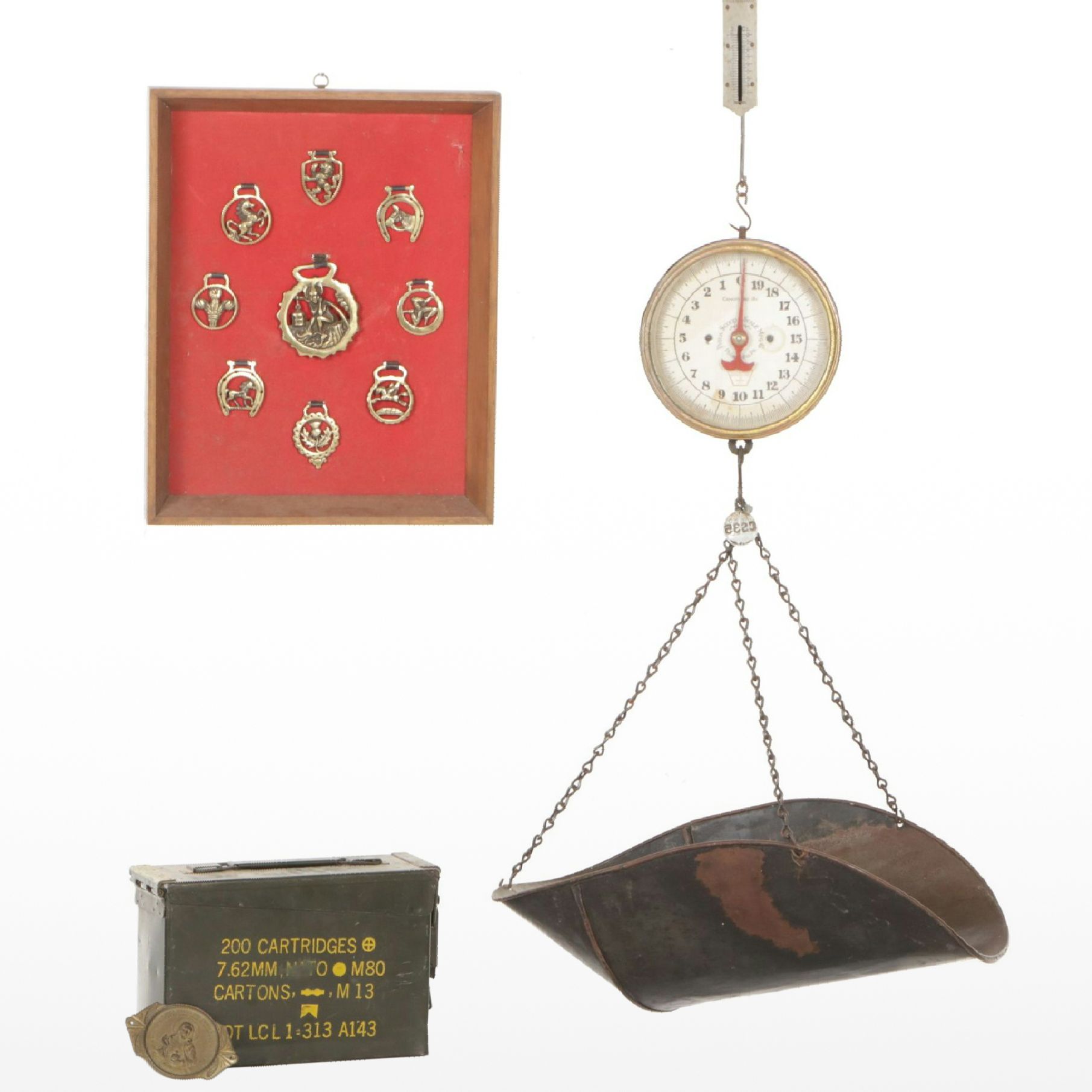 Framed Horse Brass Collection with Ammo Crate and More