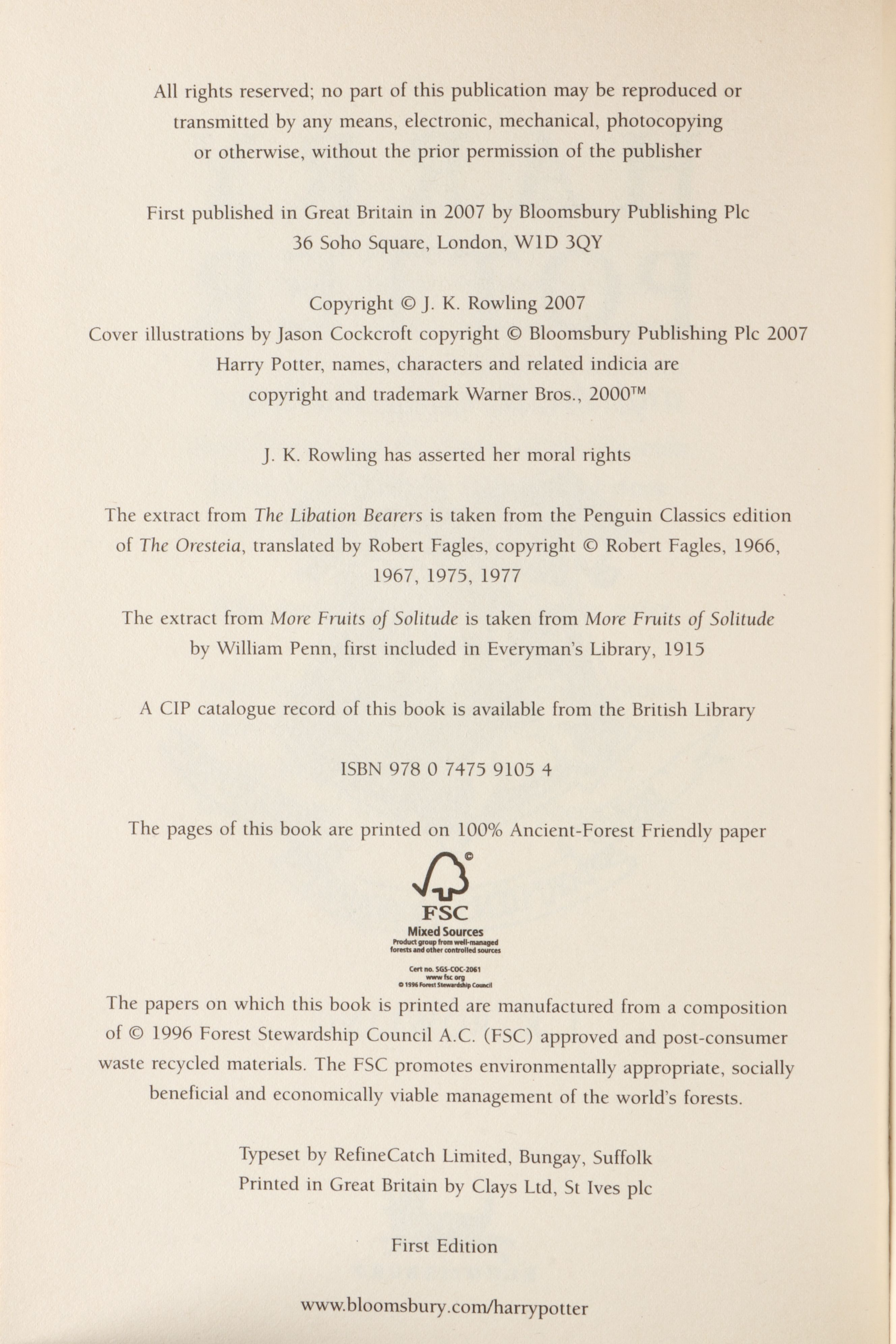 First UK Edition "Harry Potter and the Deathly Hallows" by J. K. Rowling