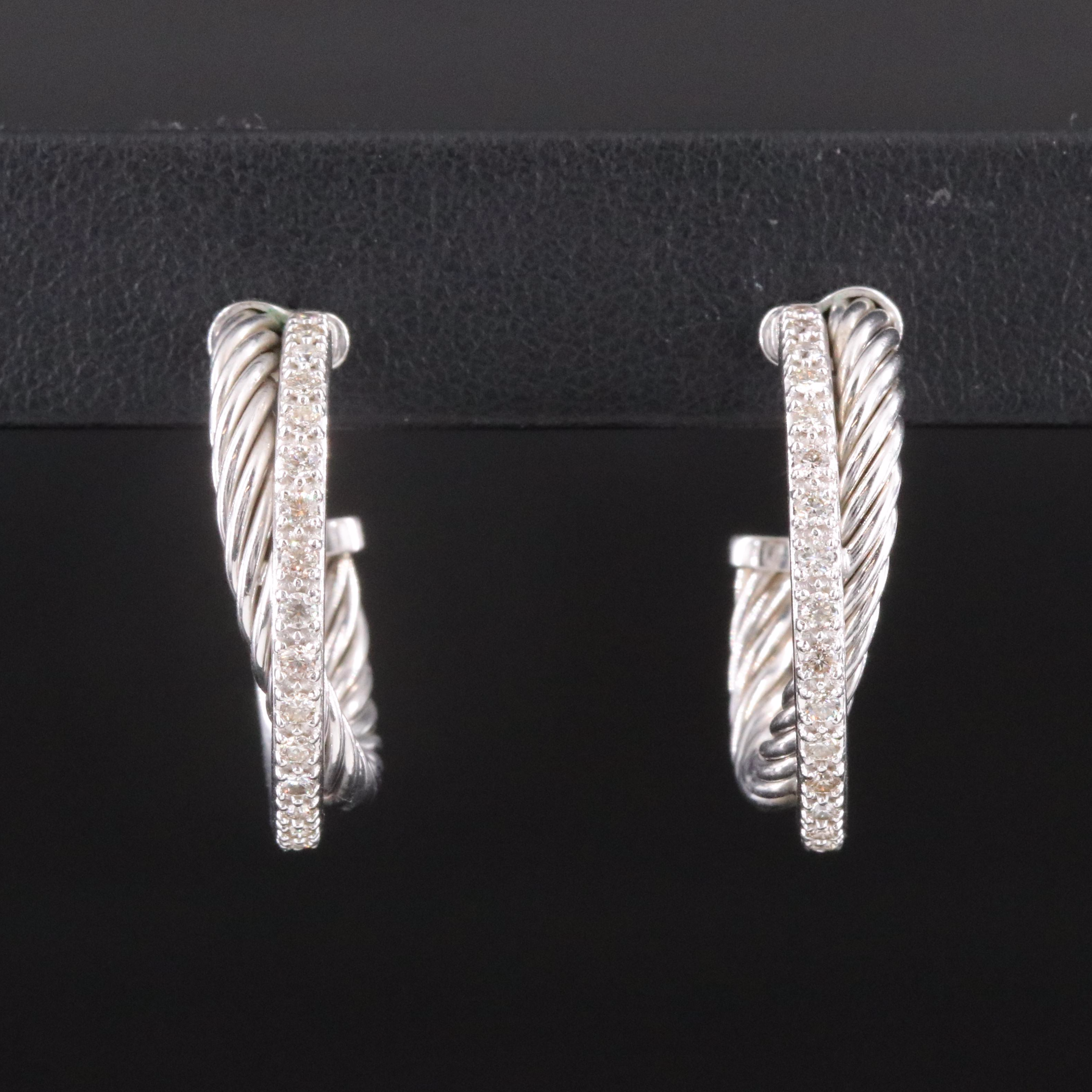 David Yurman Crossover Sterling, 14K and 0.53 CTW Diamond Hoop Earrings
