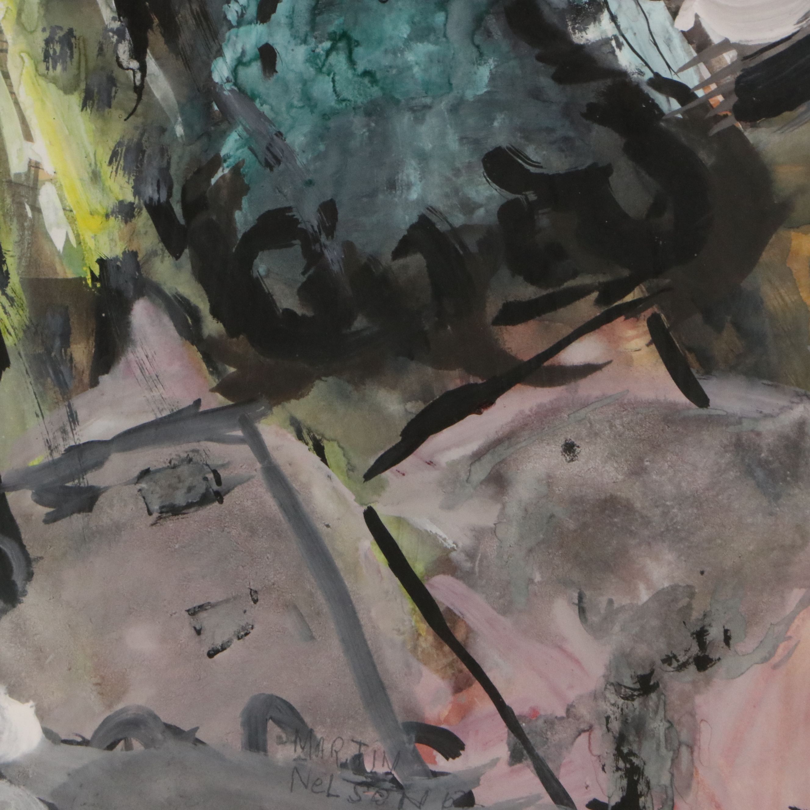 Martin Nelson Mountainous Landscape Watercolor Painting "The Storm," 1962