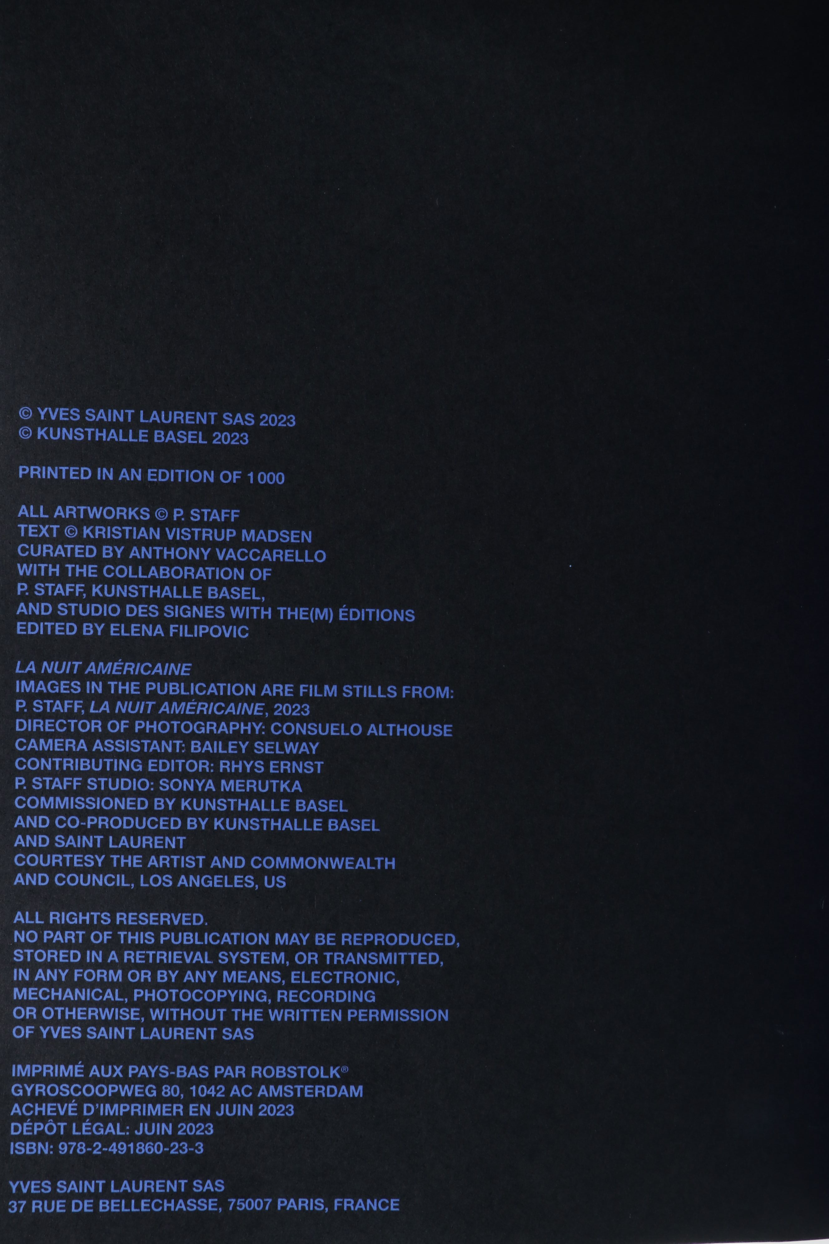 First Edition "La Nuit Américaine" by P. Staff, 2023