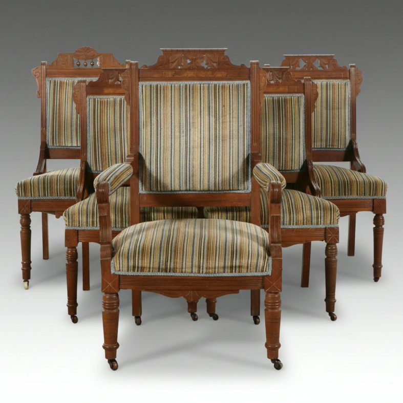 Set of Six Eastlake Carved Walnut Dining Chairs