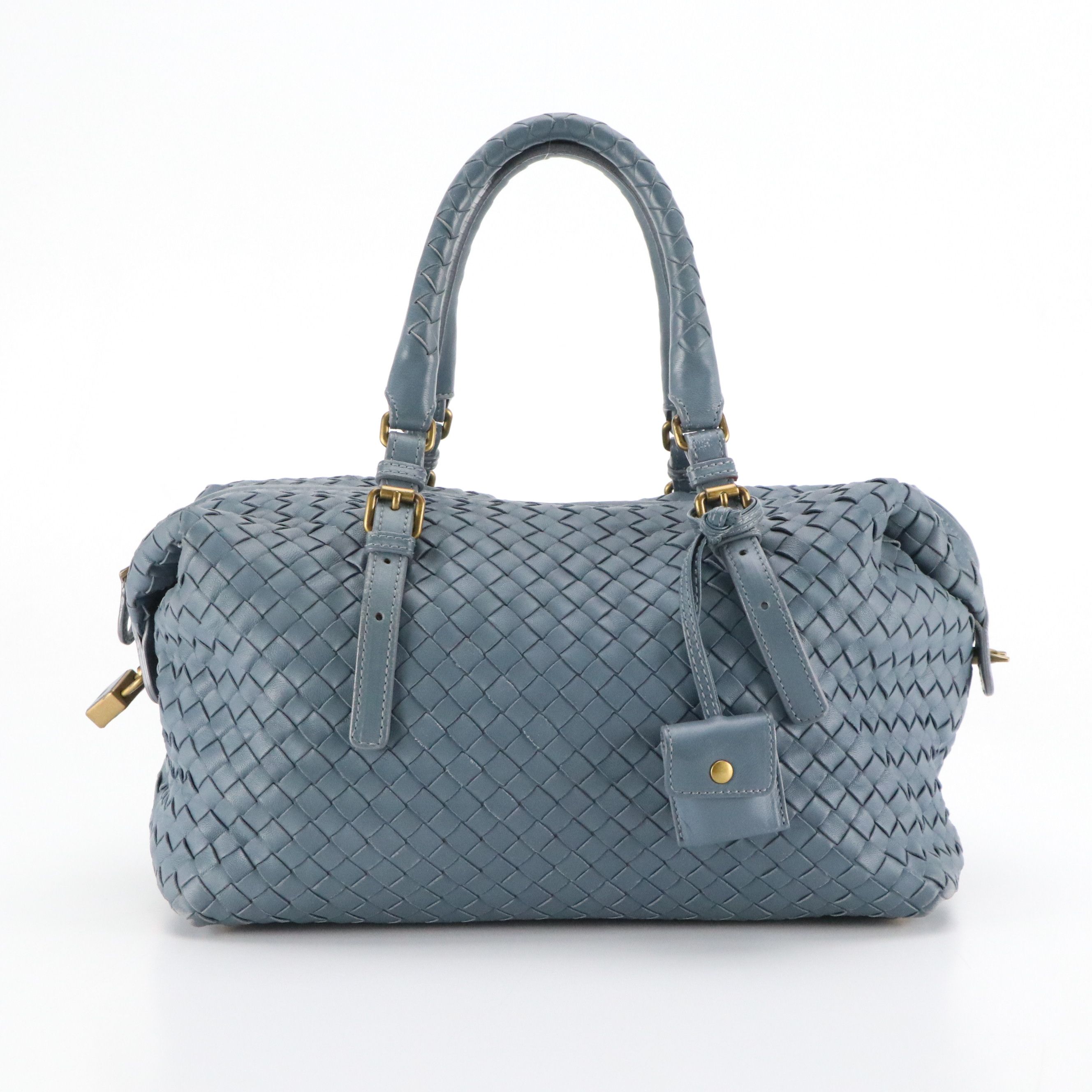 Bottega Veneta Boston Satchel Bag in Blue Intrecciato Nappa Leather