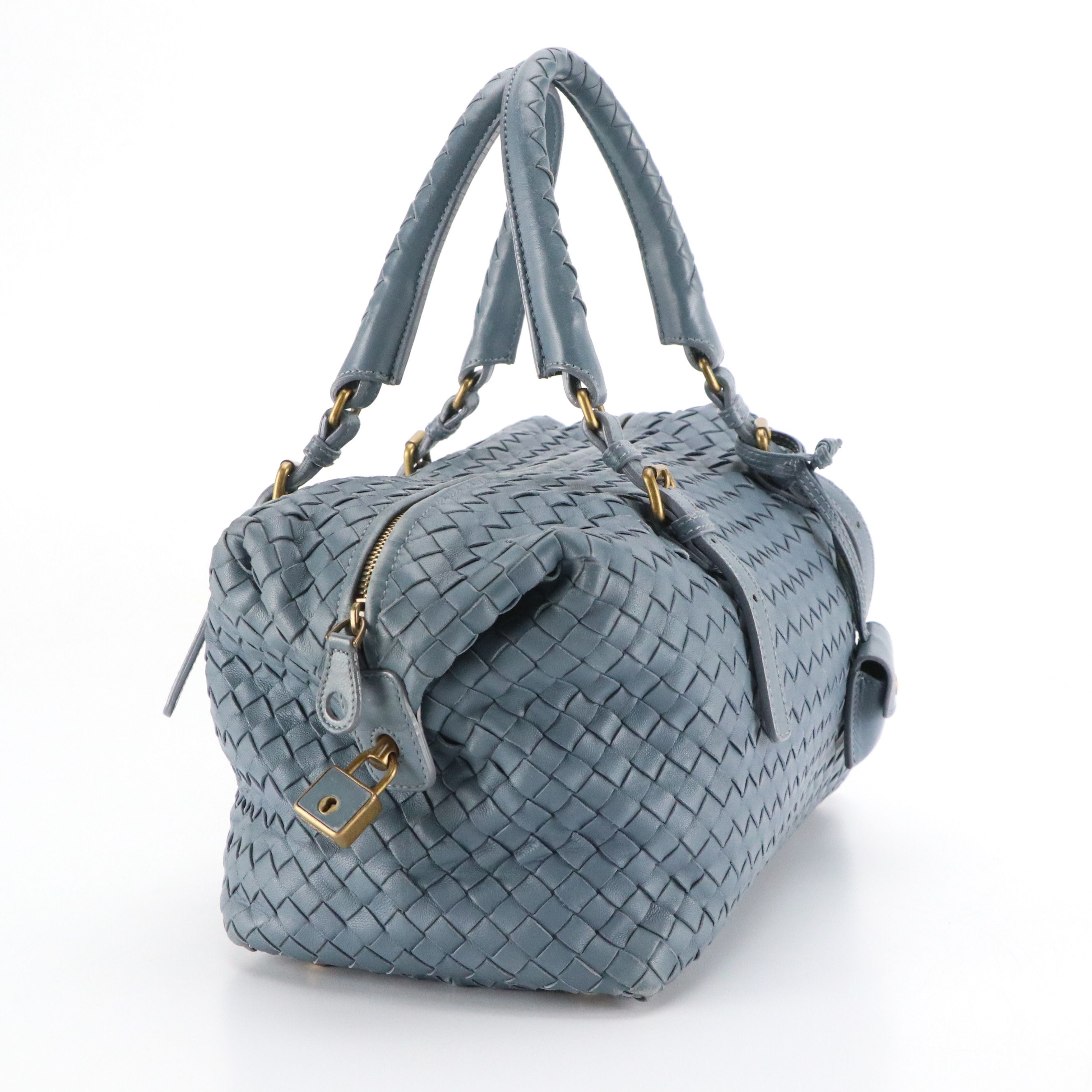 Bottega Veneta Boston Satchel Bag in Blue Intrecciato Nappa Leather