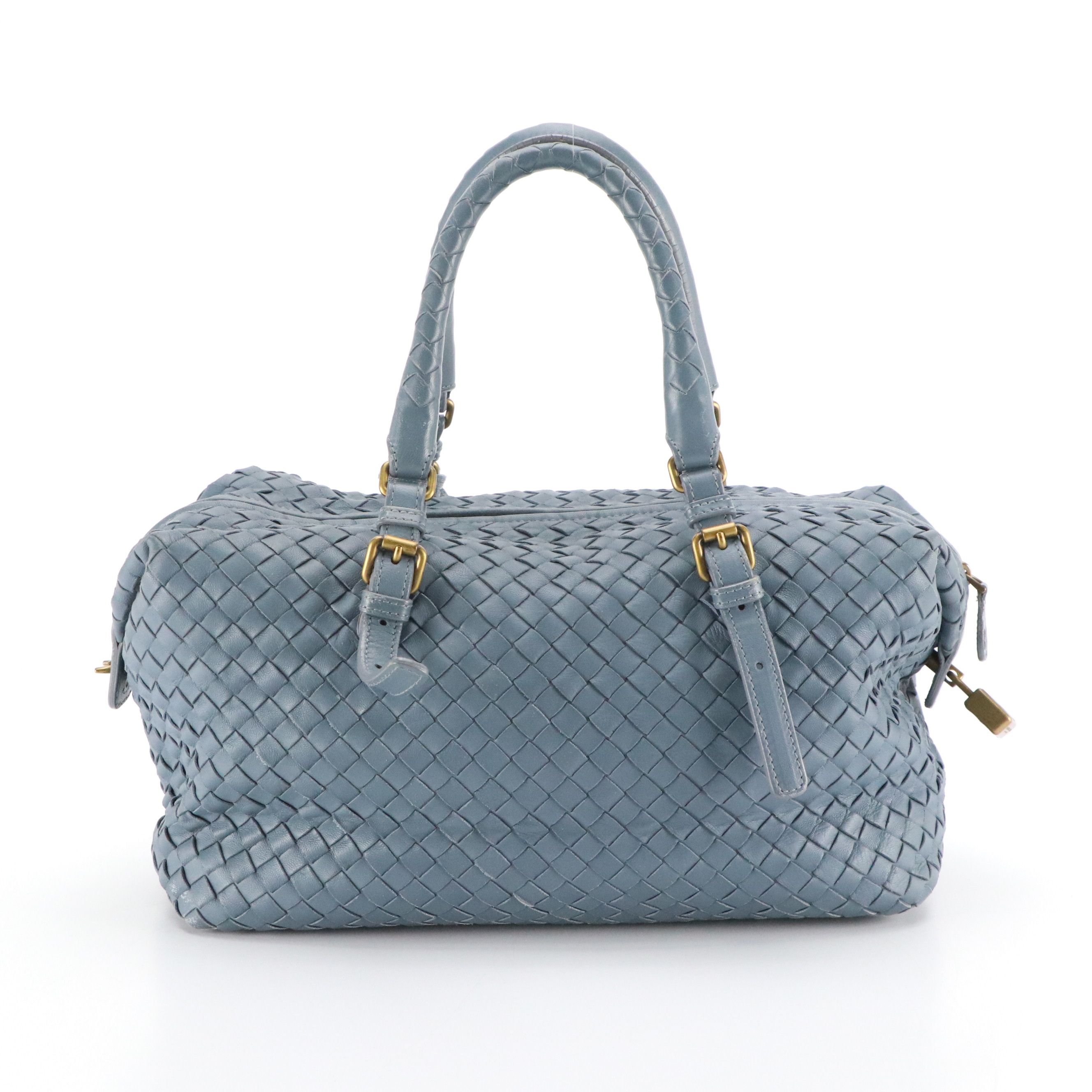 Bottega Veneta Boston Satchel Bag in Blue Intrecciato Nappa Leather