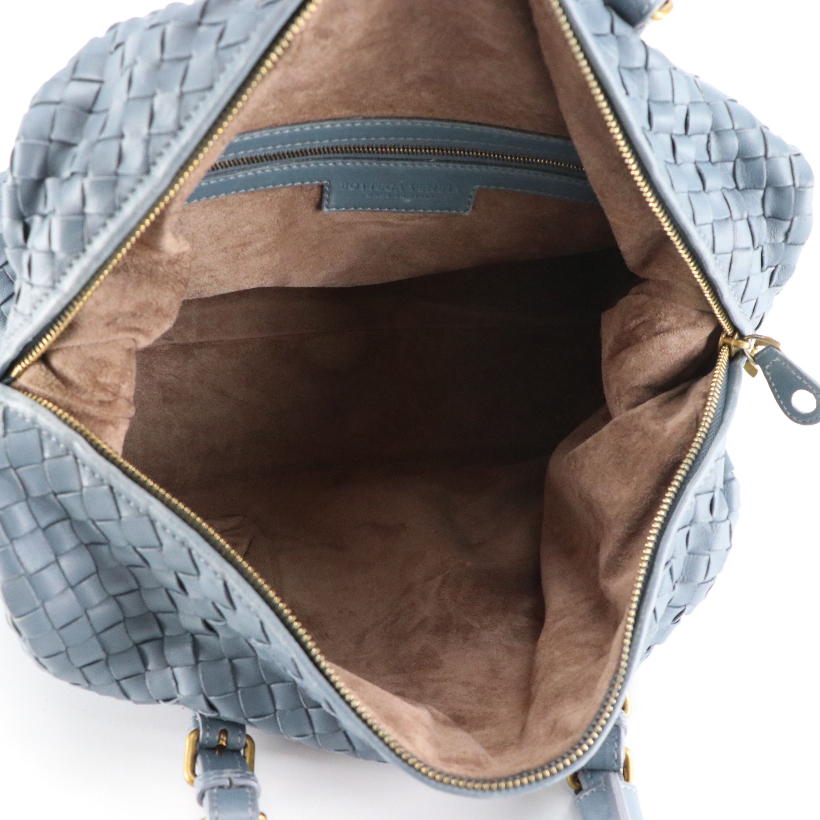 Bottega Veneta Boston Satchel Bag in Blue Intrecciato Nappa Leather