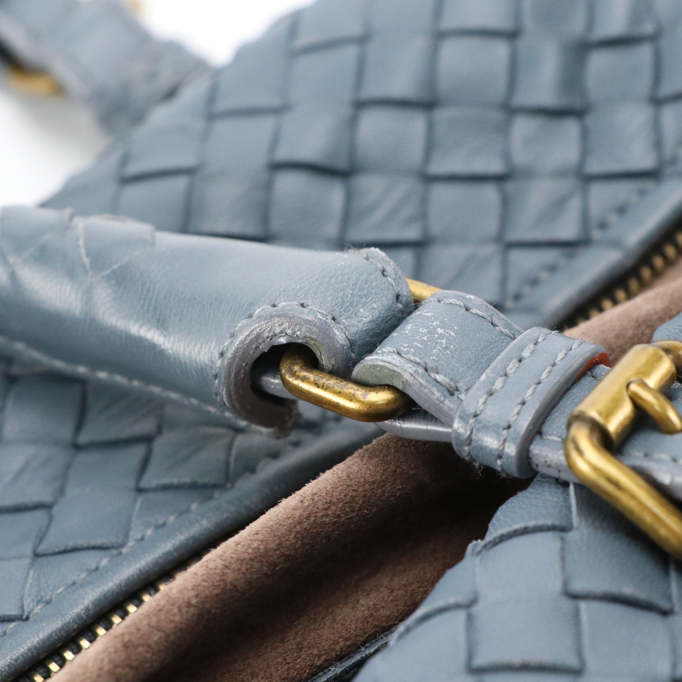 Bottega Veneta Boston Satchel Bag in Blue Intrecciato Nappa Leather
