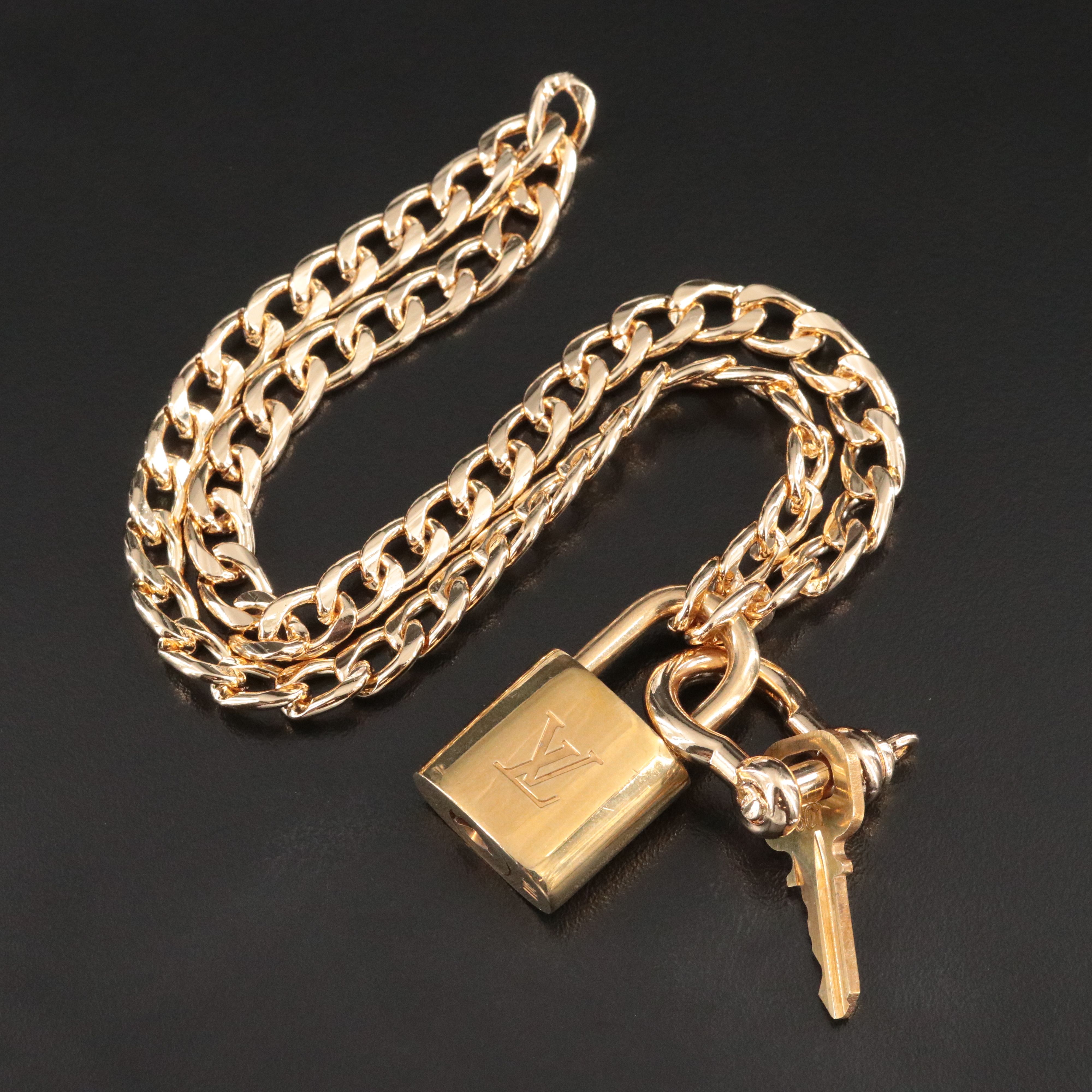 Louis Vuitton Brass Padlock and Key Chain Necklace