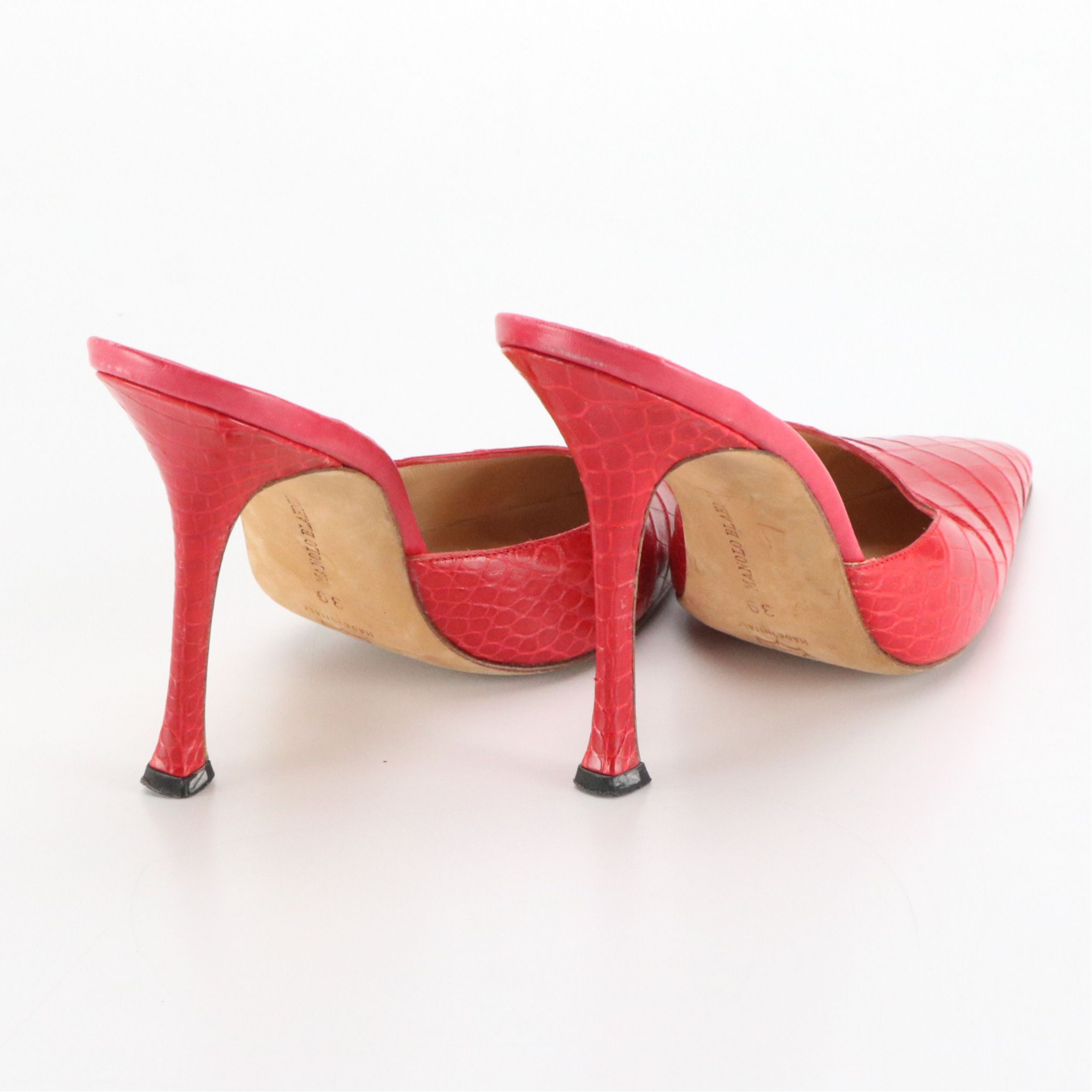Manolo Blahnik Pointed-Toe Mule Pumps in Shiny Red Crocodile Leather