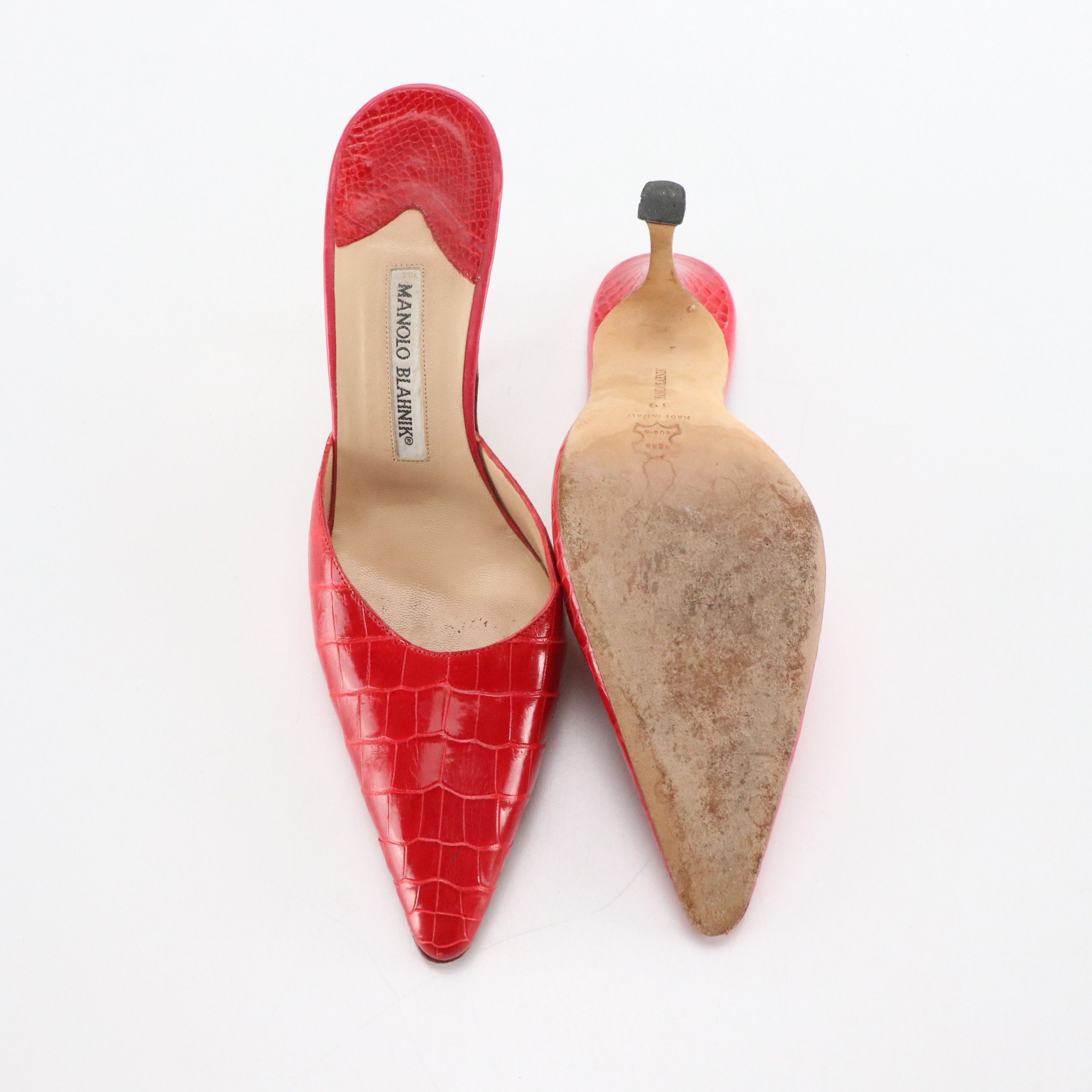 Manolo Blahnik Pointed-Toe Mule Pumps in Shiny Red Crocodile Leather
