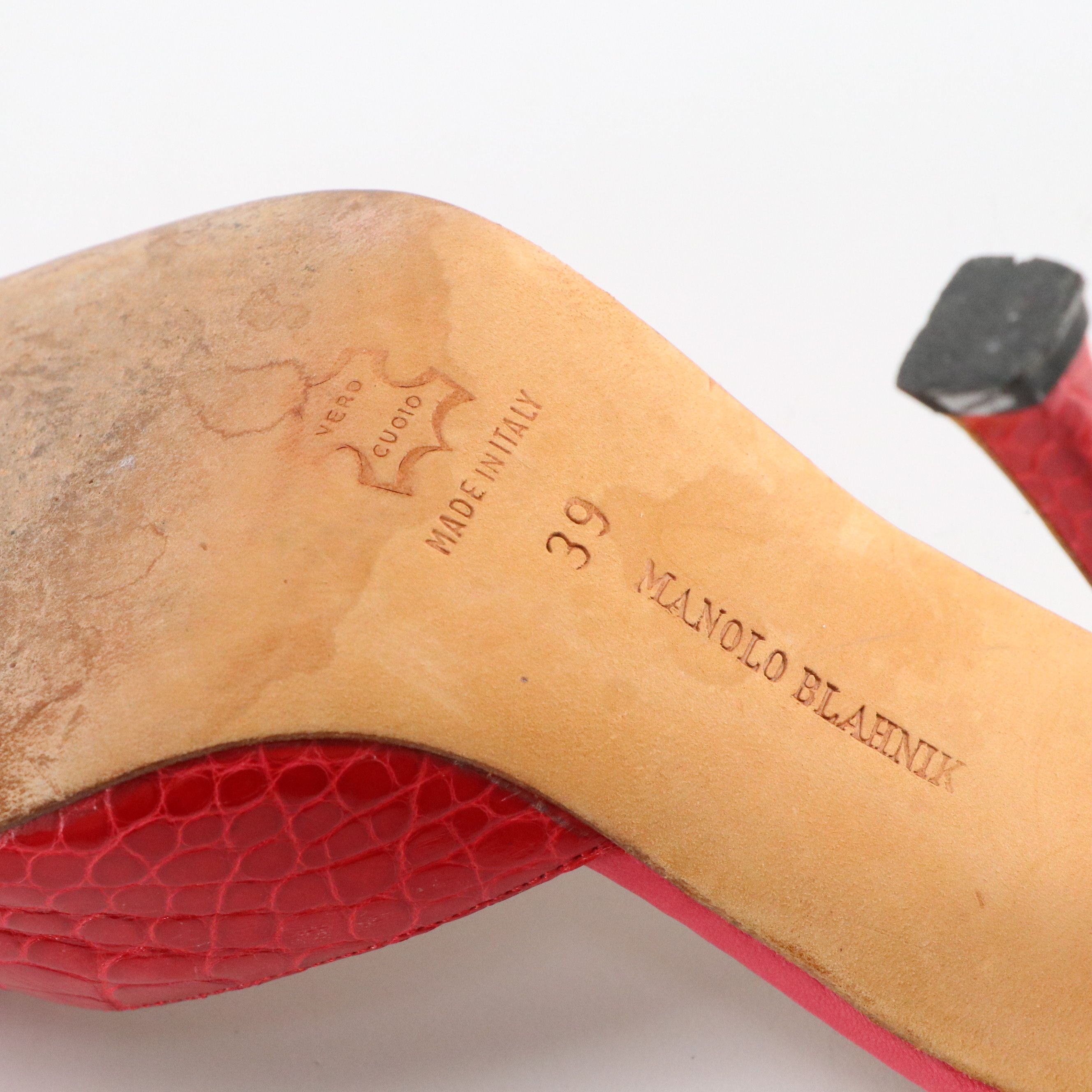 Manolo Blahnik Pointed-Toe Mule Pumps in Shiny Red Crocodile Leather