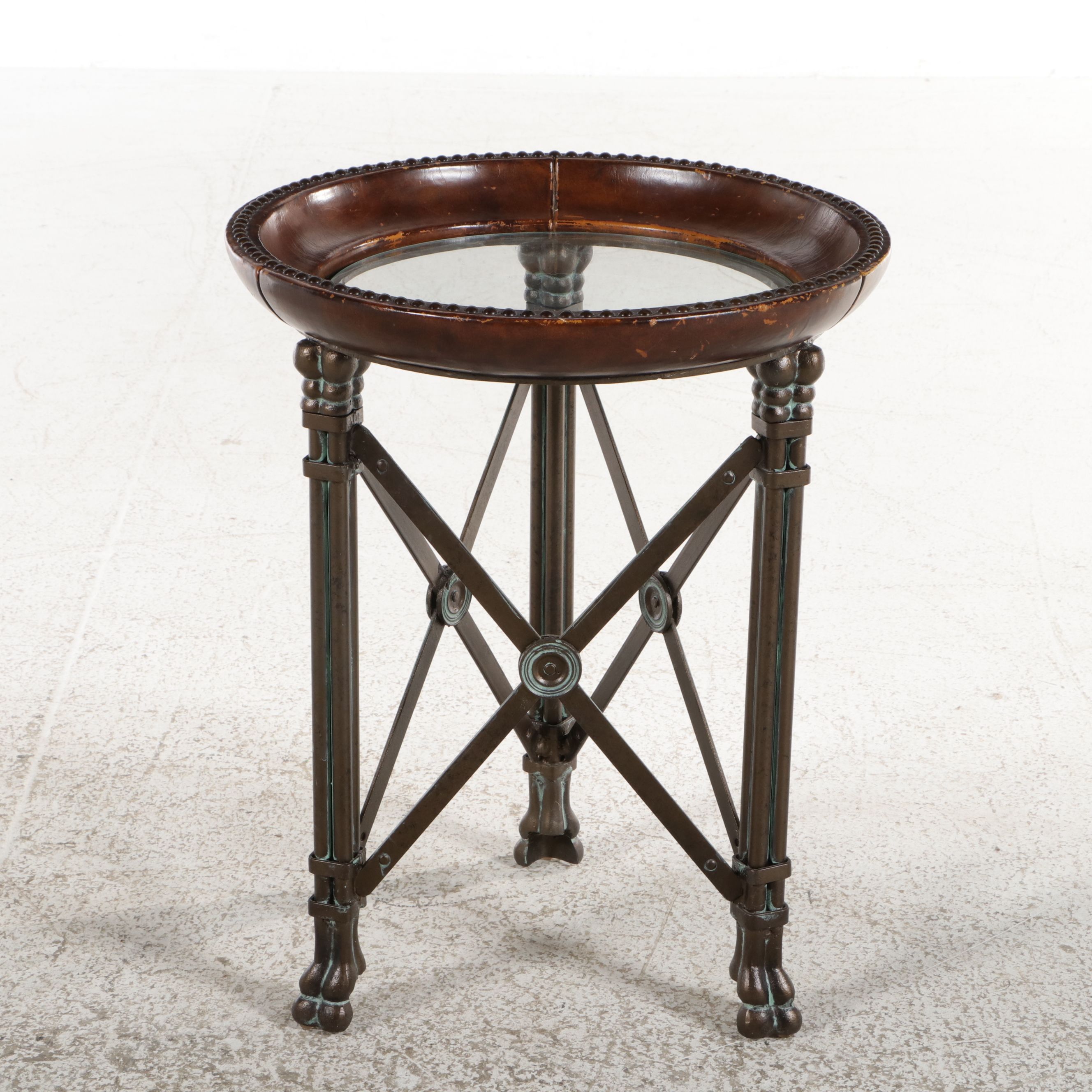 Directoire Revival Bronze and Glass Gueridon with Leather-Wrapped Rim