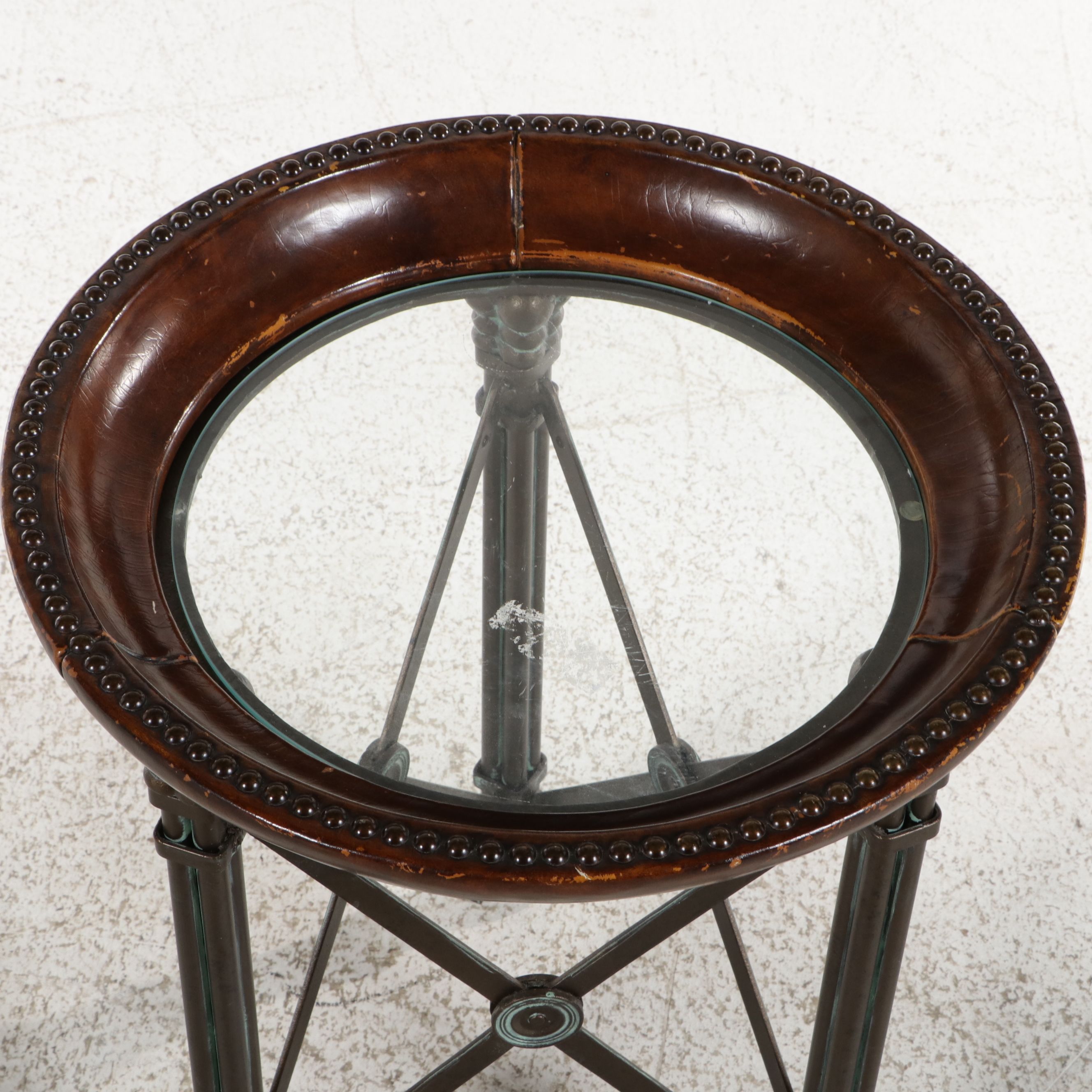Directoire Revival Bronze and Glass Gueridon with Leather-Wrapped Rim