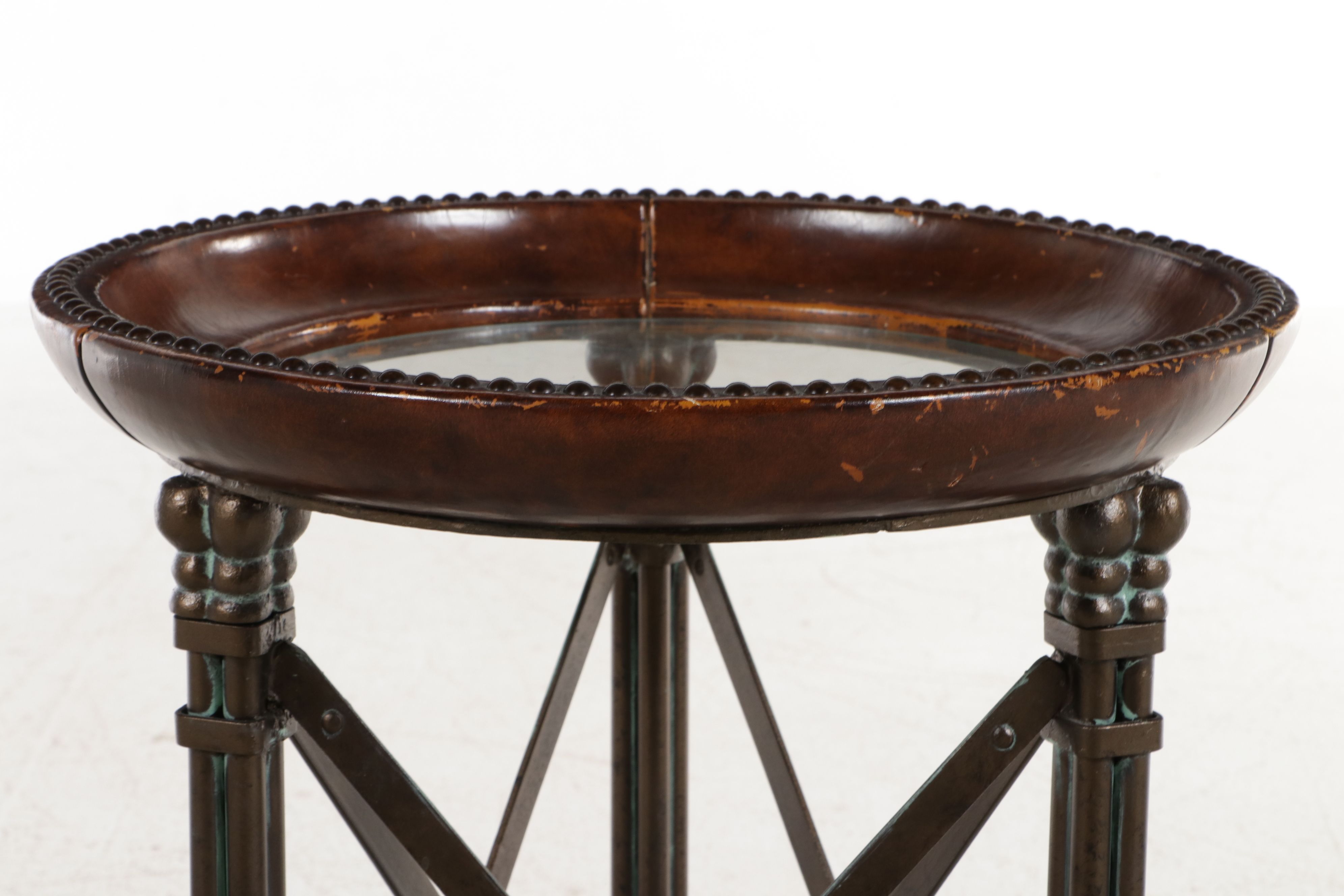 Directoire Revival Bronze and Glass Gueridon with Leather-Wrapped Rim