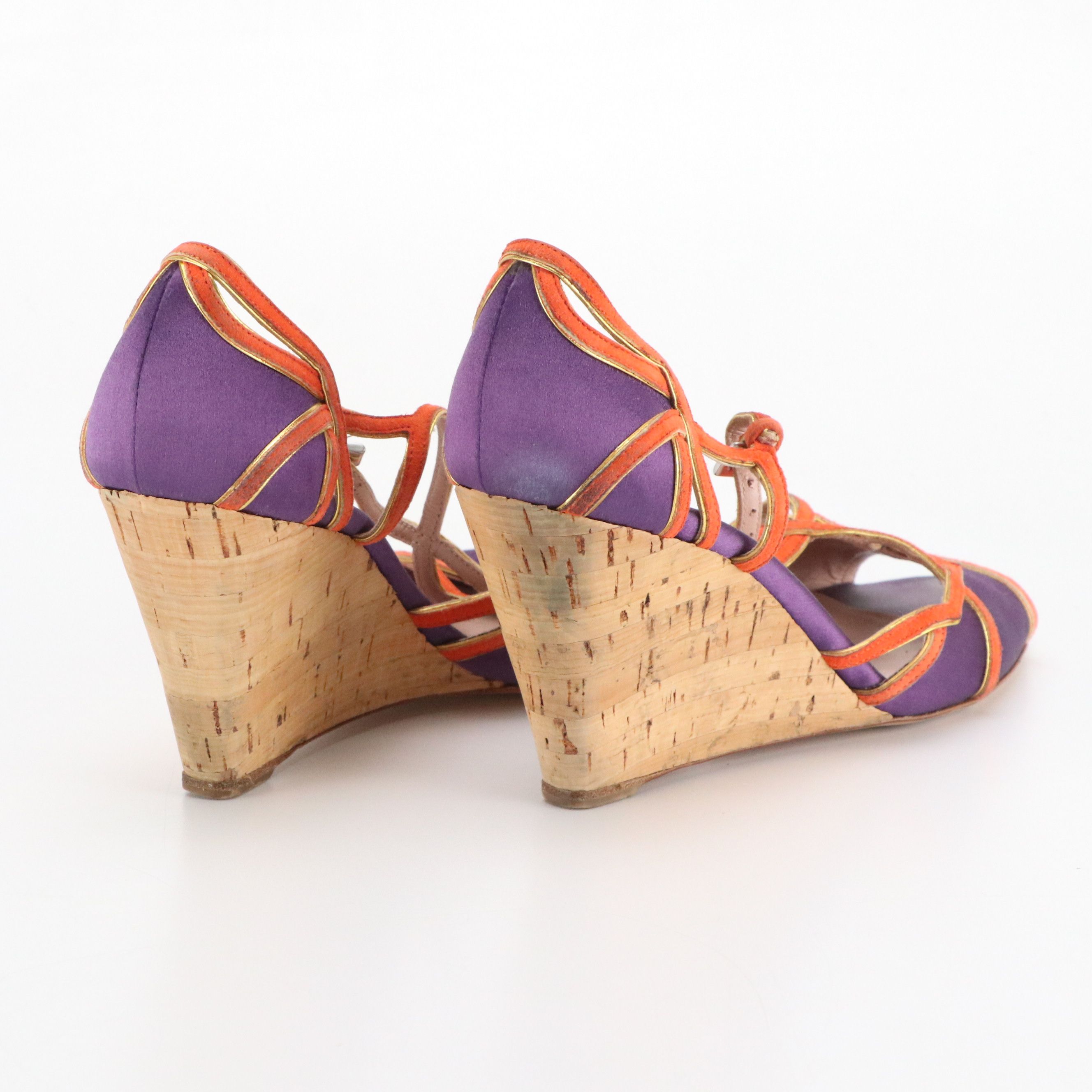 Prada Orange and Purple Leather Crossover Strap Open-Toe Wedges