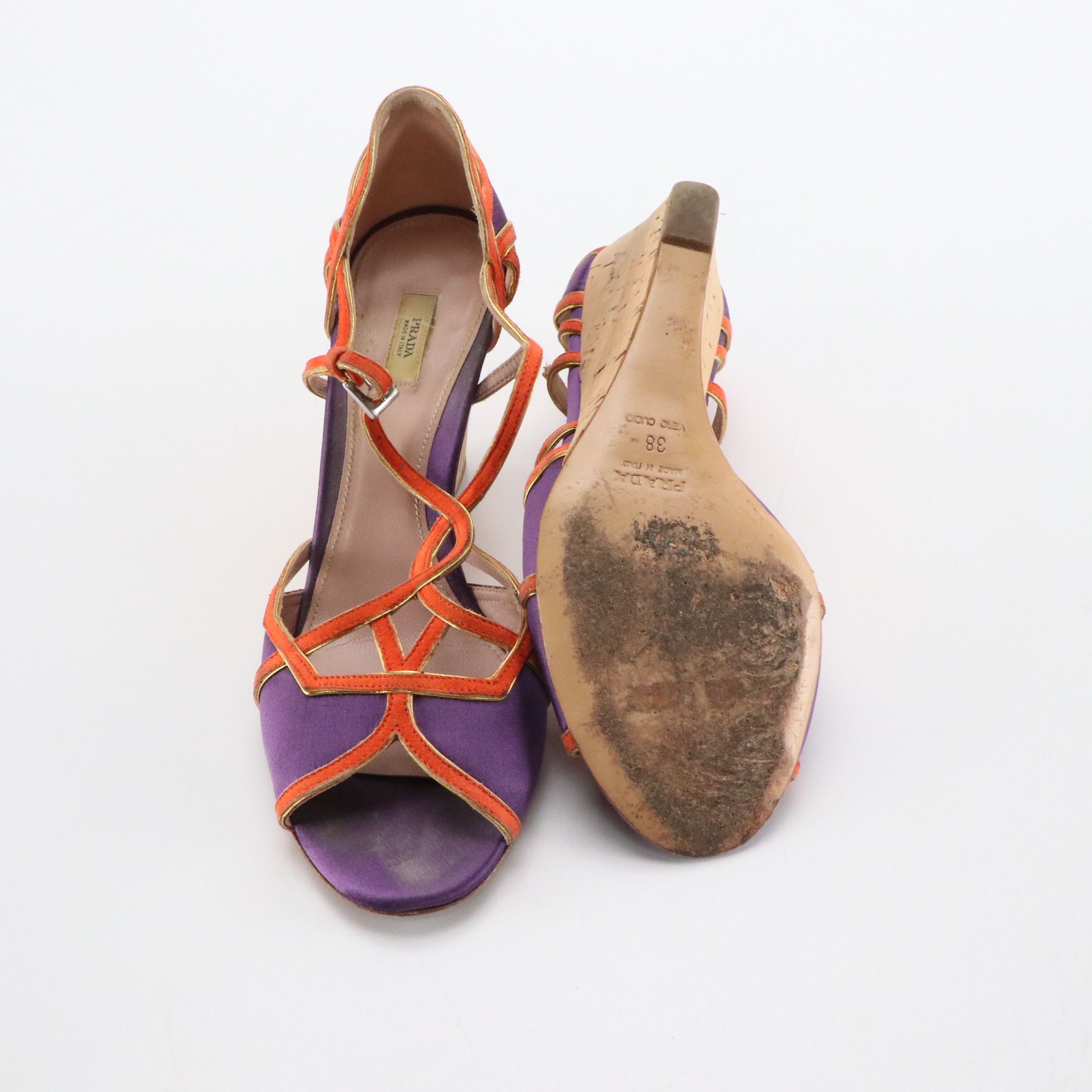 Prada Orange and Purple Leather Crossover Strap Open-Toe Wedges