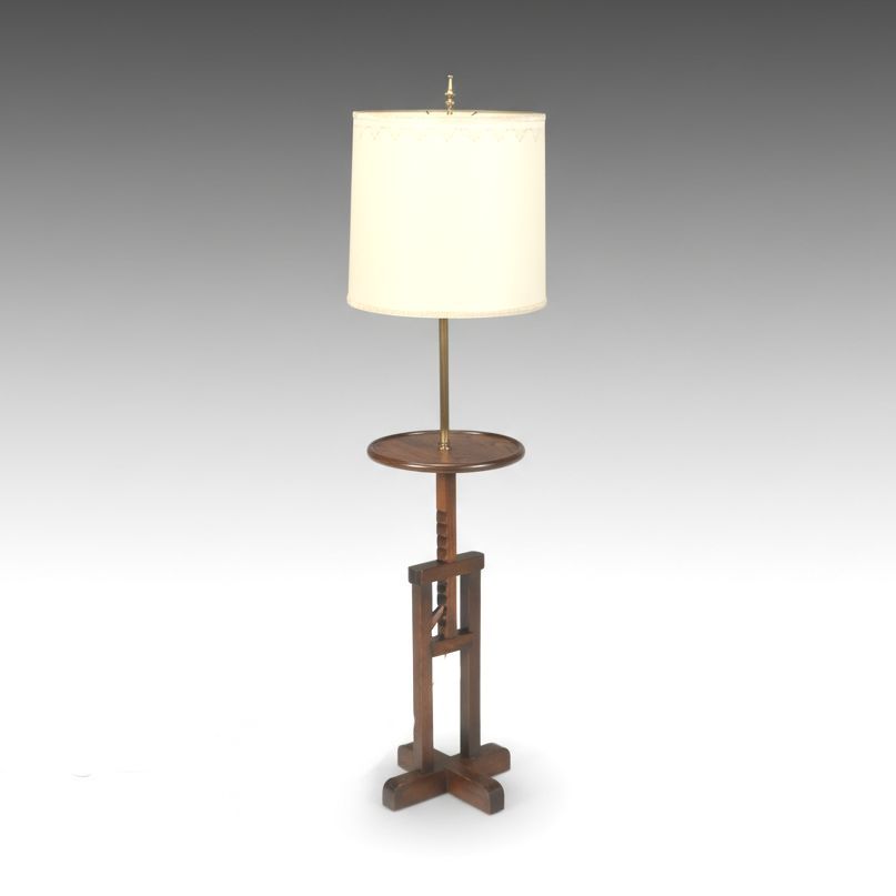 Frederick Cooper Oak Adjustable Floor Lamp with Table, Drum Shade