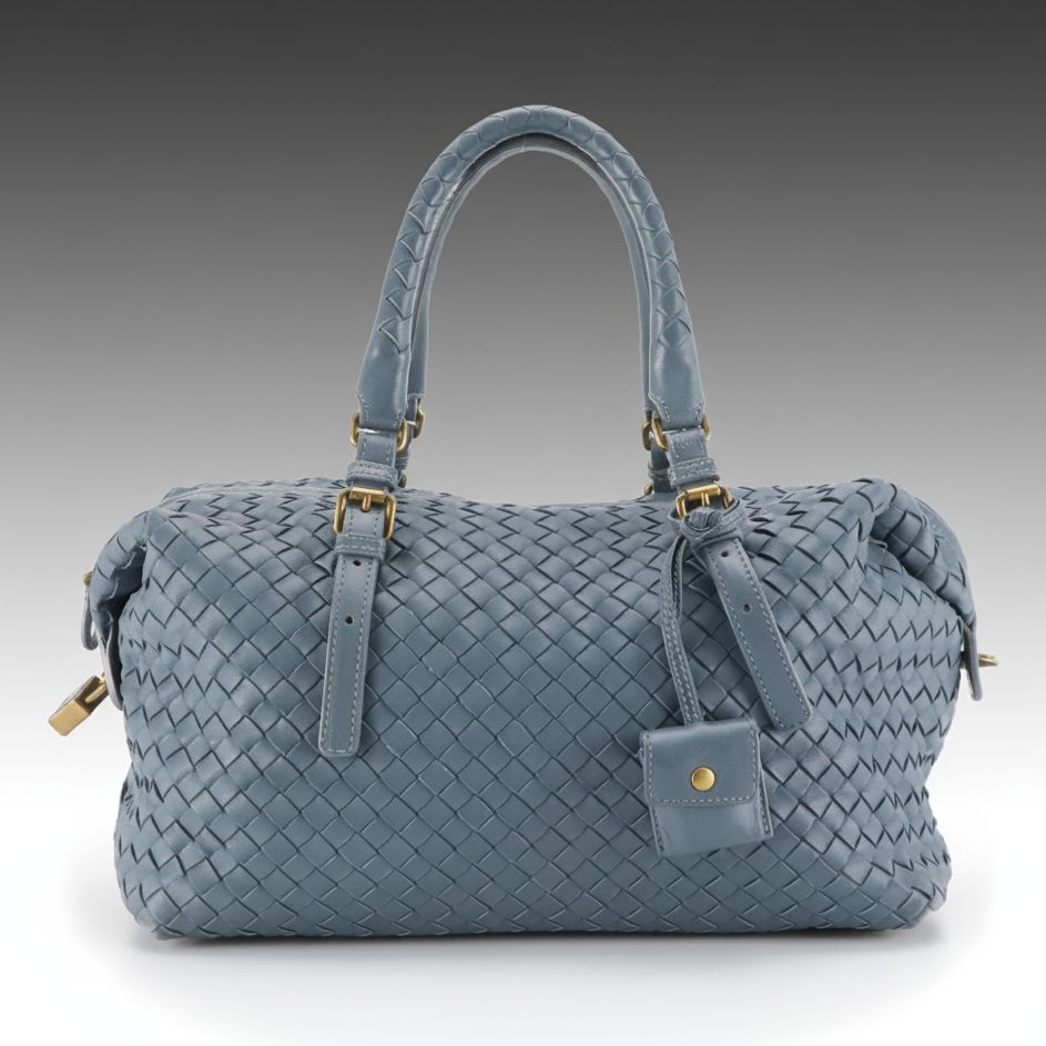 Bottega Veneta Boston Satchel Bag in Blue Intrecciato Nappa Leather