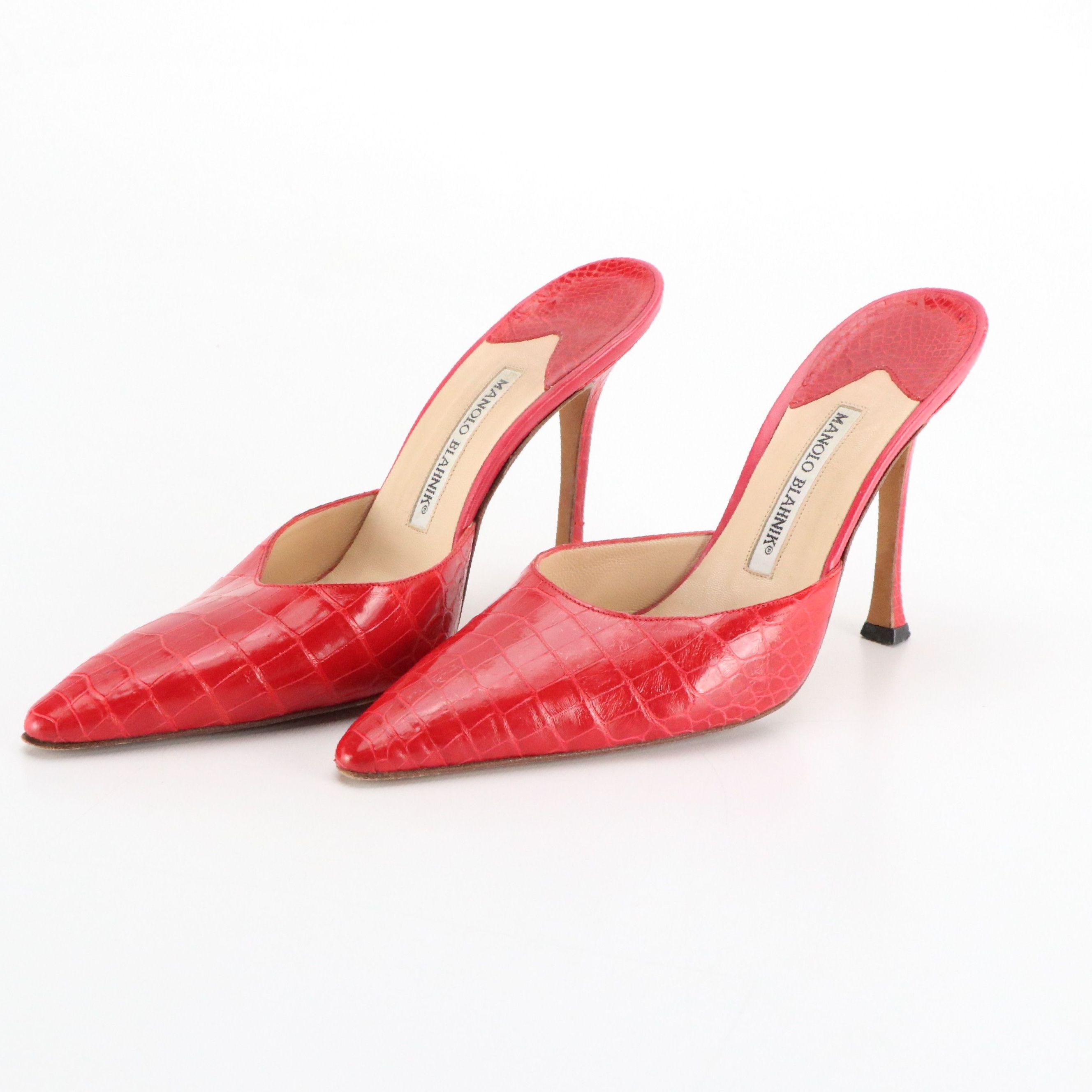 Manolo Blahnik Pointed-Toe Mule Pumps in Shiny Red Crocodile Leather